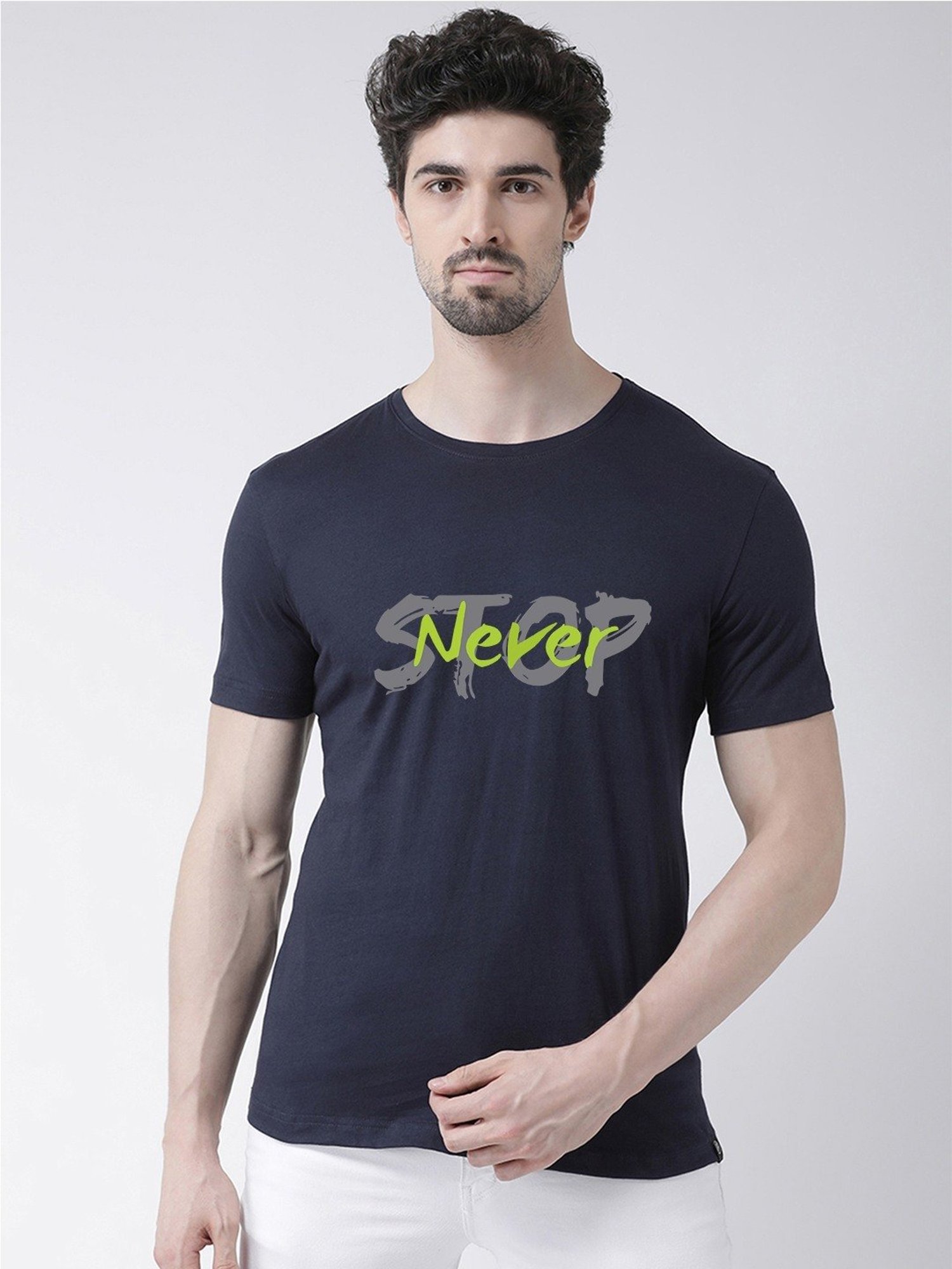 Friskers Navy Blue Cotton Slim Fit Printed T-Shirt