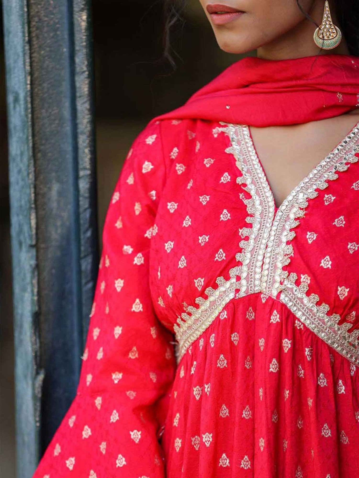 SCAKHI Red Cotton Embellished A-Line Dress With Dupatta