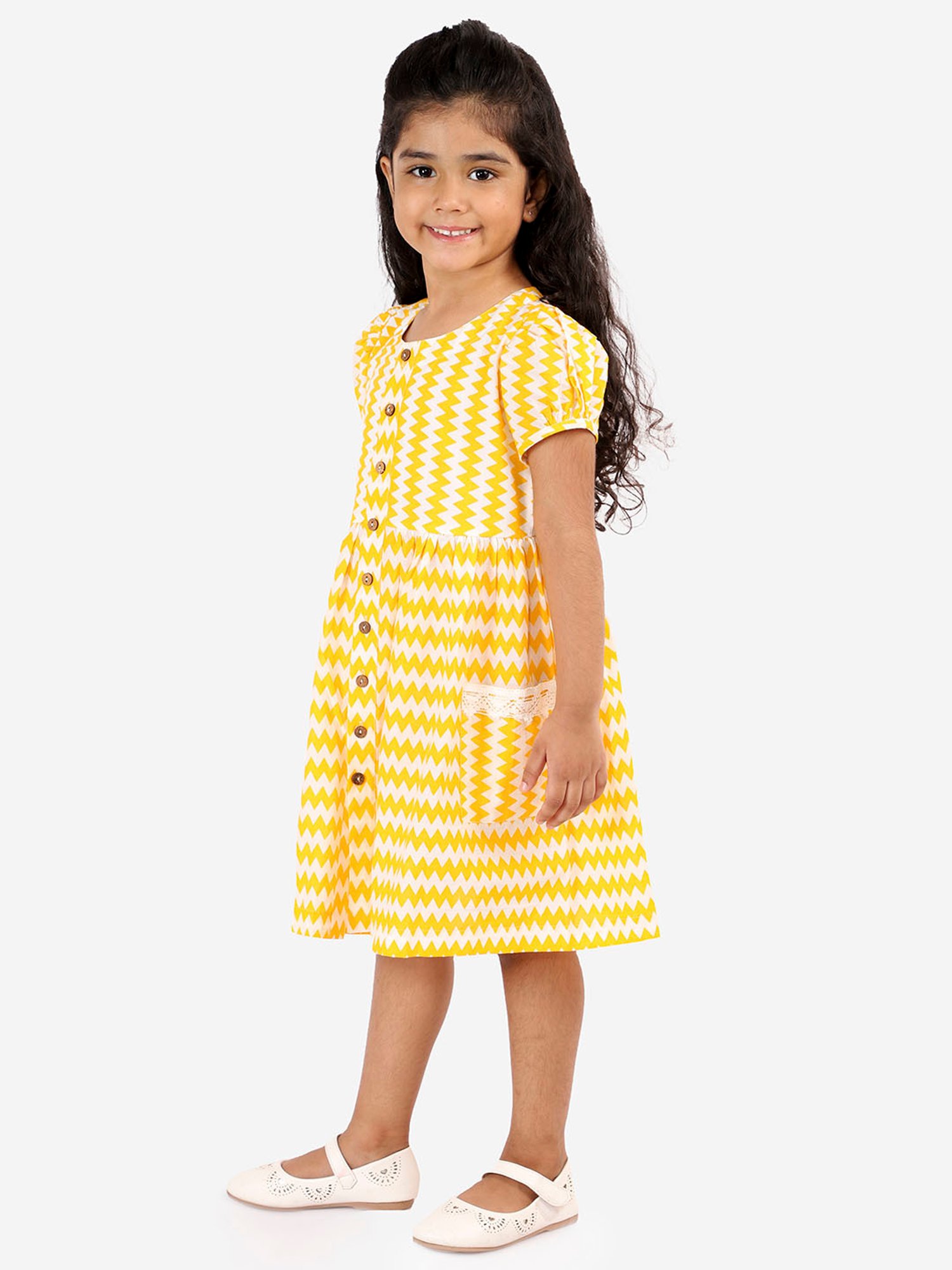 Lil Drama Kids Yellow & White Printed Dress