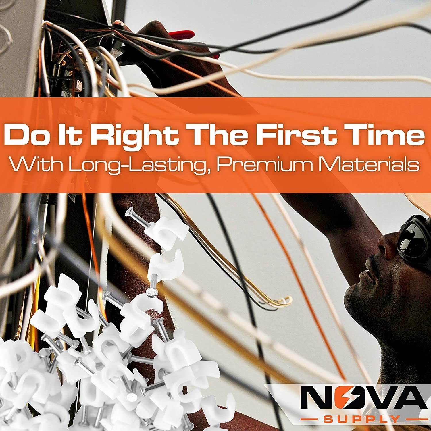 Pro-Grade, Cable Clips with Steel Nails 4mm, 14mm Wire Holders and Tacks 100 Per Size. Durable, UV Resistant Plastic Clips Help Organize Coax, Ethernet, Cat5, Cat6 and Other Cords.