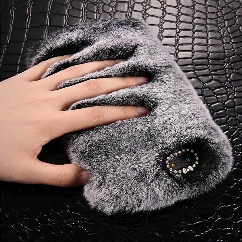 Furry Case with Black Stylus for iPhone SE 2020/iPhone 7/8 4.7 inch,Winter Warmed Fashion Faux Rabbit Bunny Fur Fluffy Plush Soft Case with Cute 3D Crystal Bowknot,Gray