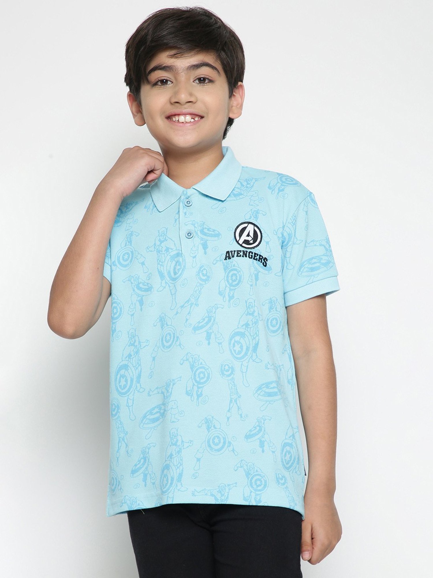 Lil Tomatoes Kids Sky Blue Avengers Print Polo T-Shirt