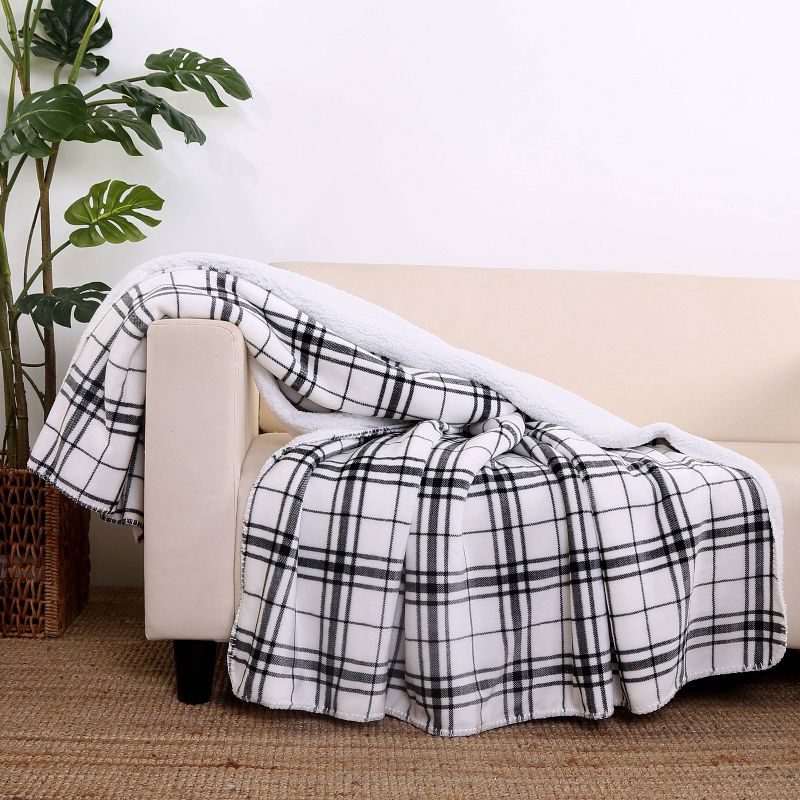 60"x70" Reversible Plaid and Sherpa Throw Blanket Black - Better Living