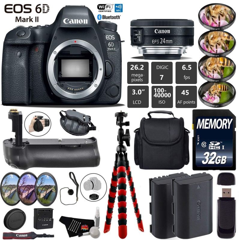 Canon EOS 6D Mark II DSLR Camera With 24mm 2.8 STM Lens + Wrist Strap + Professional Battery Grip + 4PC Macro Filter Kit + LED Kit + Extra Battery + Case + Tripod + Card Reader - Intl Model