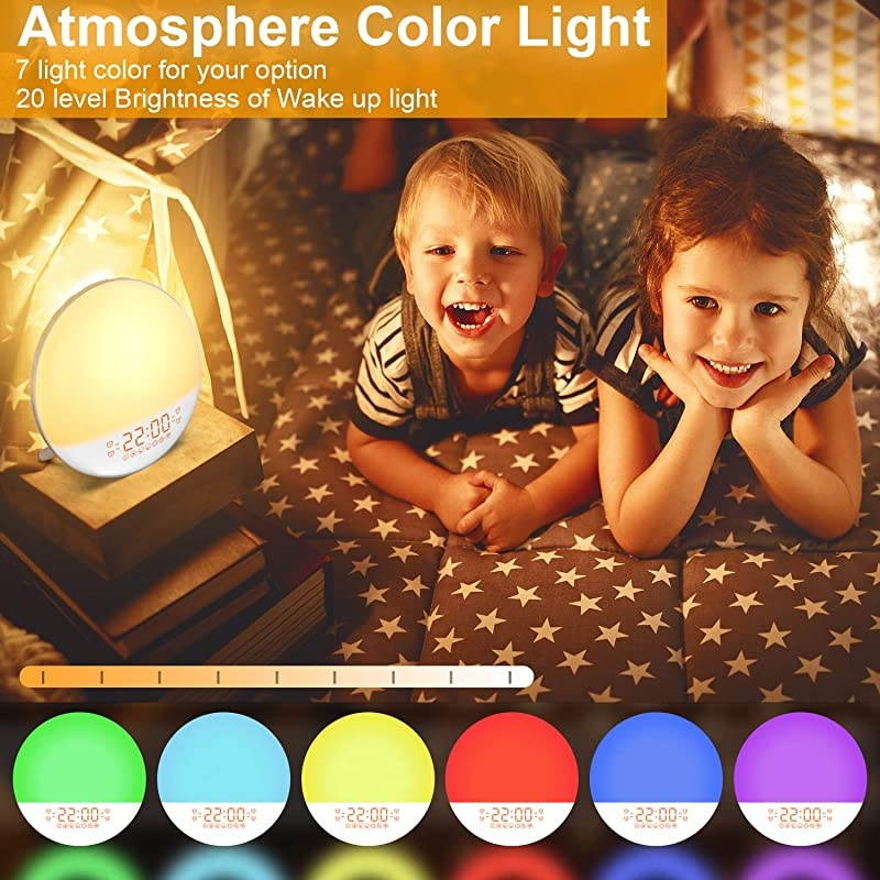 Alarm Clock Wake Up Light Smart WiFi Sunset Simulation Digital LED Clock Supports APP Control with FM Radio4 Alarms7 Alarm Sounds Snooze Function20 Brightness7 Colors Bedside Night Light