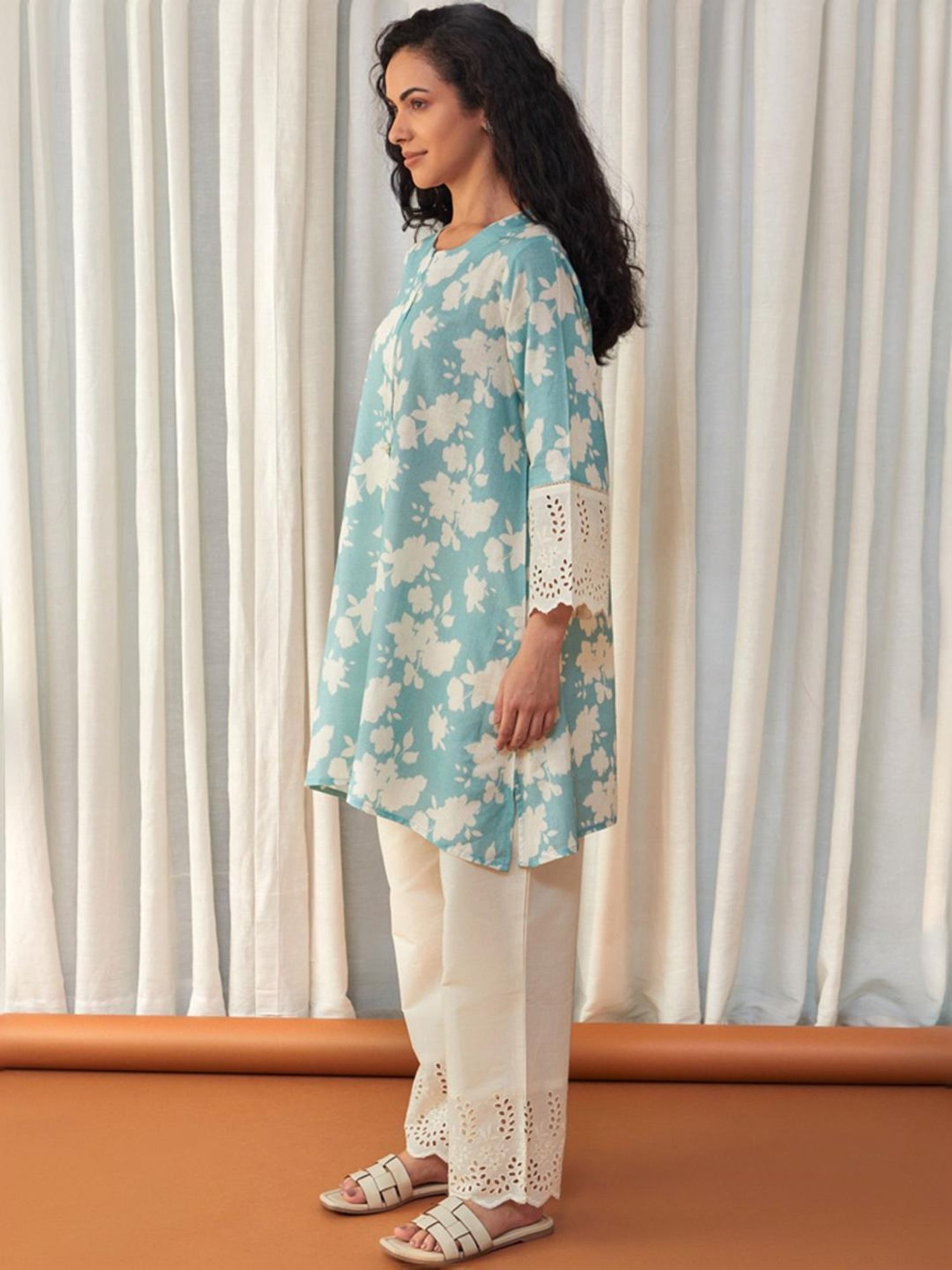 Bombay Bloom Unbleached Aqua Blue Flared Cutwork Linen Tunic with Pant Co-ord Set