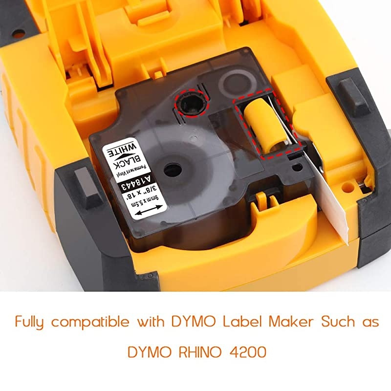 Compatible Label Tape Replacement for DYMO 18443 Permanent Vinyl Industrial Label Tape for DYMO Label Maker Rhino 5200 4200 6000 5000, 3/8 Inch x 18 Feet, Black on White, 5-Pack