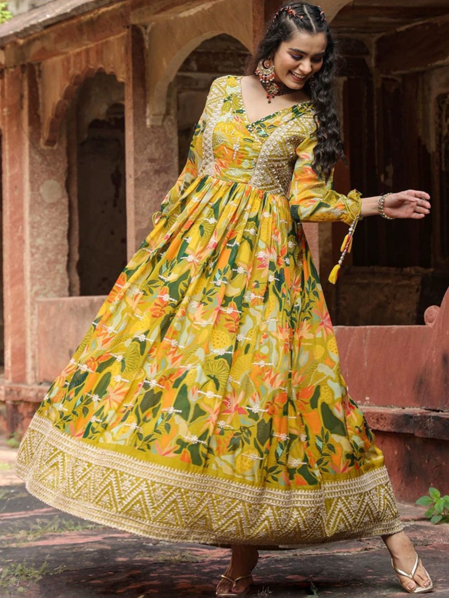SCAKHI Lime Green Organza Floral Print & Gota Work Gathered Angrakha Gown