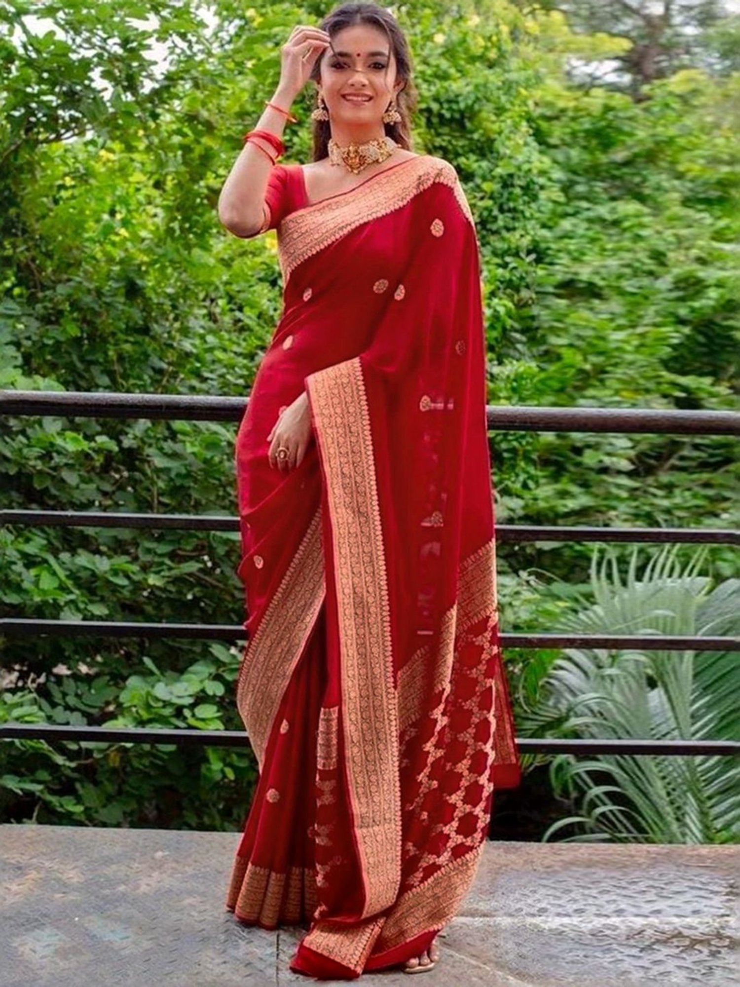 Satrani Red & Golden Silk Woven Saree With Unstitched Blouse