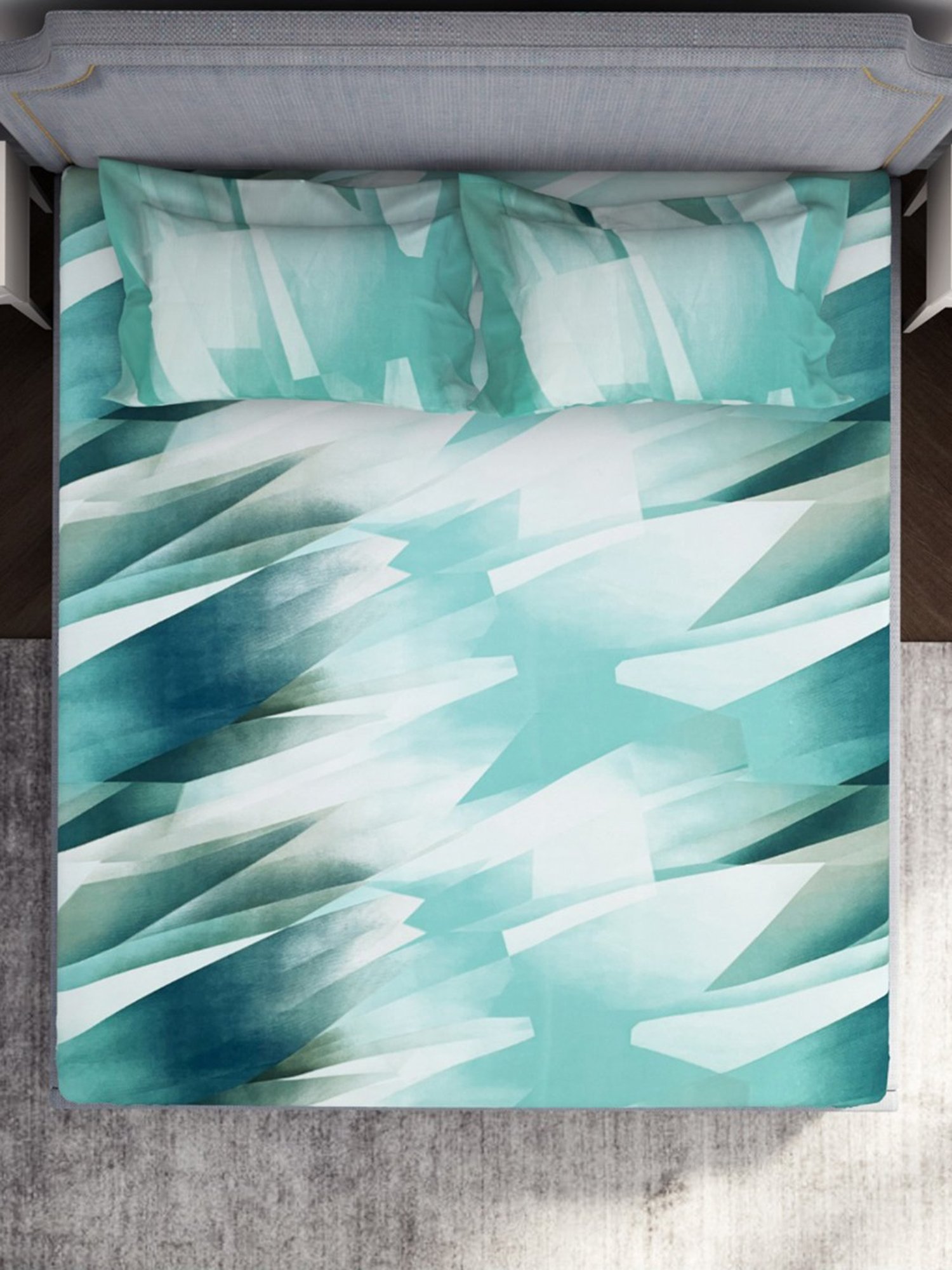 Welspun Geometric Green 130 TC Microfiber Double Bedsheet with 2 Pillow Covers