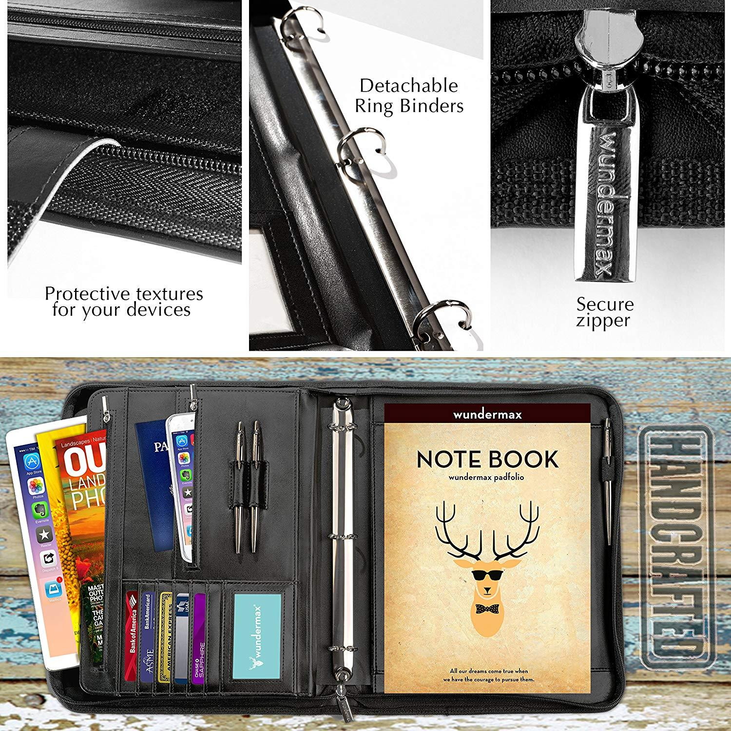 Wundermax Portfolio Binder A Zippered Padfolio with 3 Ring Binder Document Organizer Professional Interview PU Leather Folder Resume Holder Work Portfolio with Notebook and 10.1 Inch Tablet Sleeve
