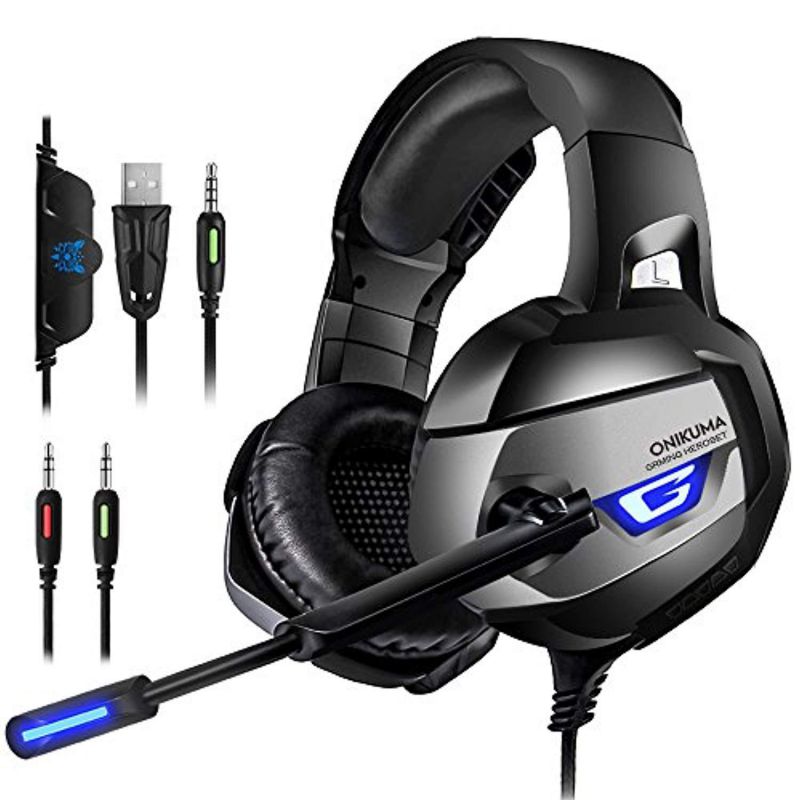 onikuma gaming headset  headset gaming headphone for ps4, xbox one adapter need, nintendo switch audio pc gaming headset with crystal clear sound, led lights & noisecanceling microphone k5n
