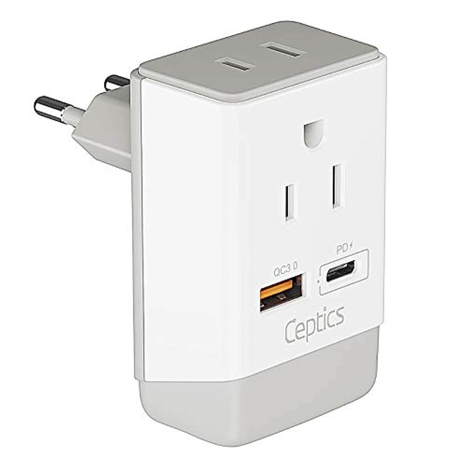 European Travel Power Plug Adapter QC 3.0  and  PD by Ceptics, Safe Dual USB  and  USB-C - 2 USA Socket - Compact  and  Powerful - Use in Greece Italy Switzerland Turkey Portugal - Type C AP-9 (AP-9C)