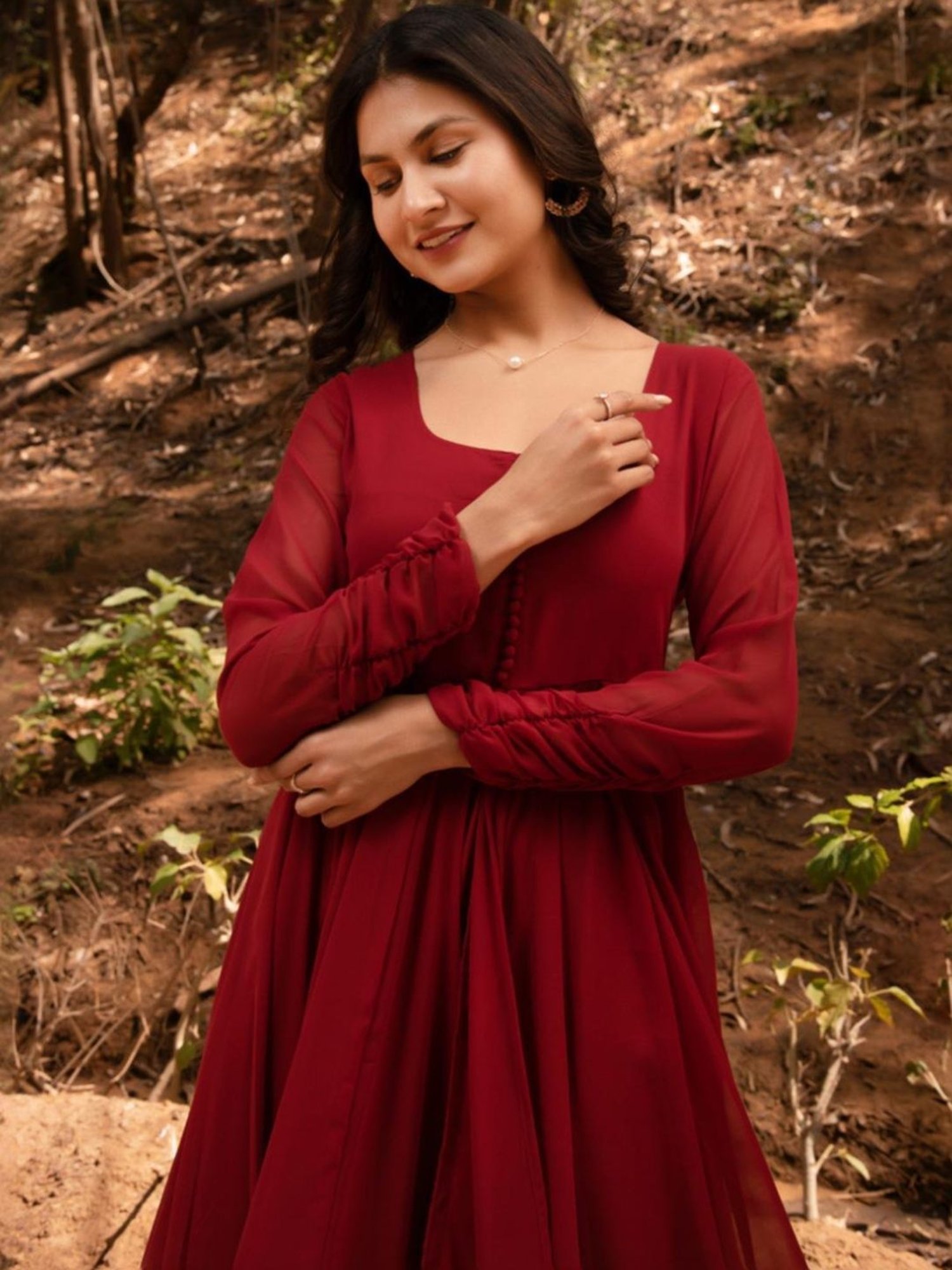 Calmna Maroon Georgette Cape with Pant Co-ord Set