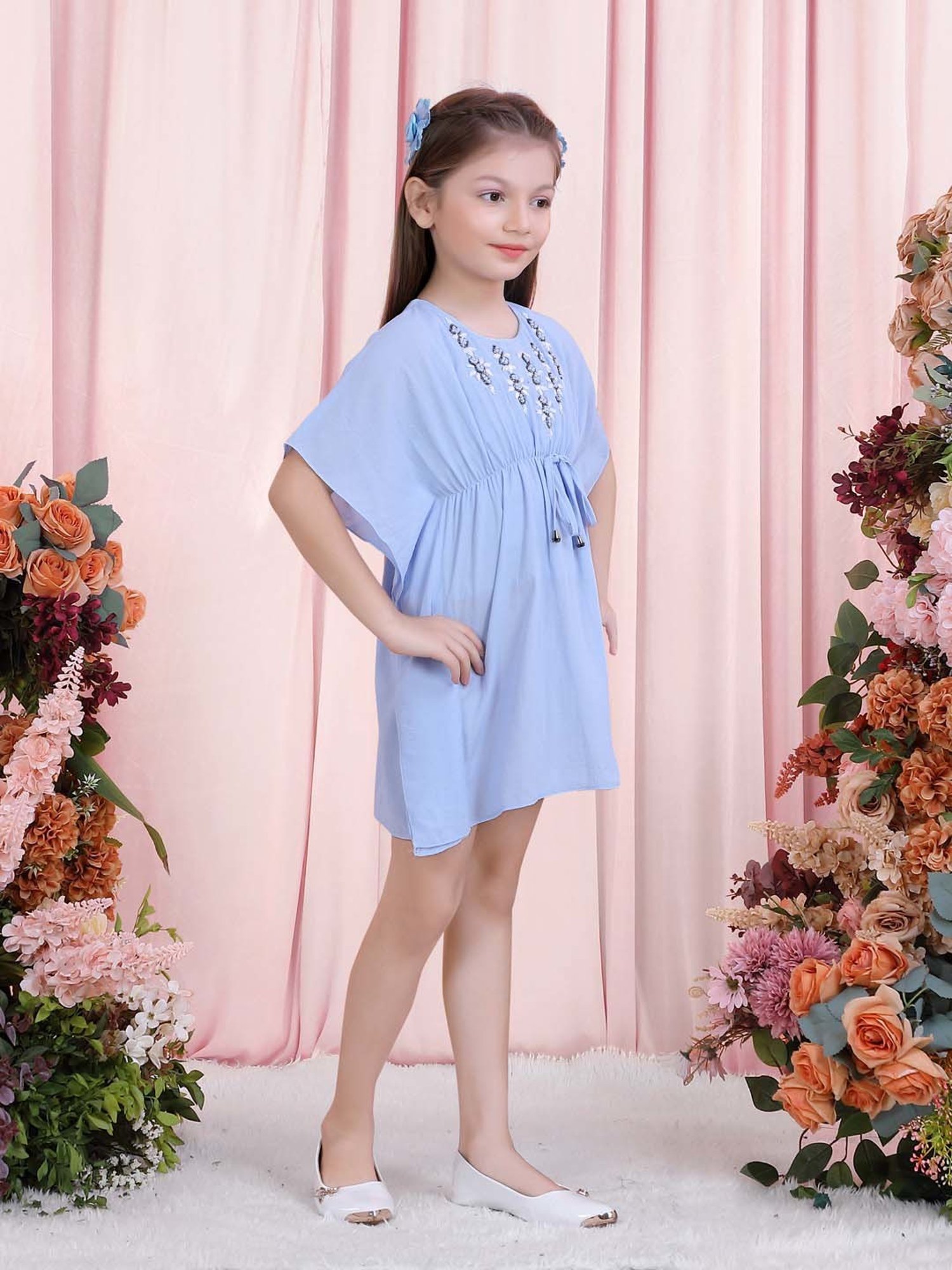 poplins Kids Blue Cotton Embroidered Dress