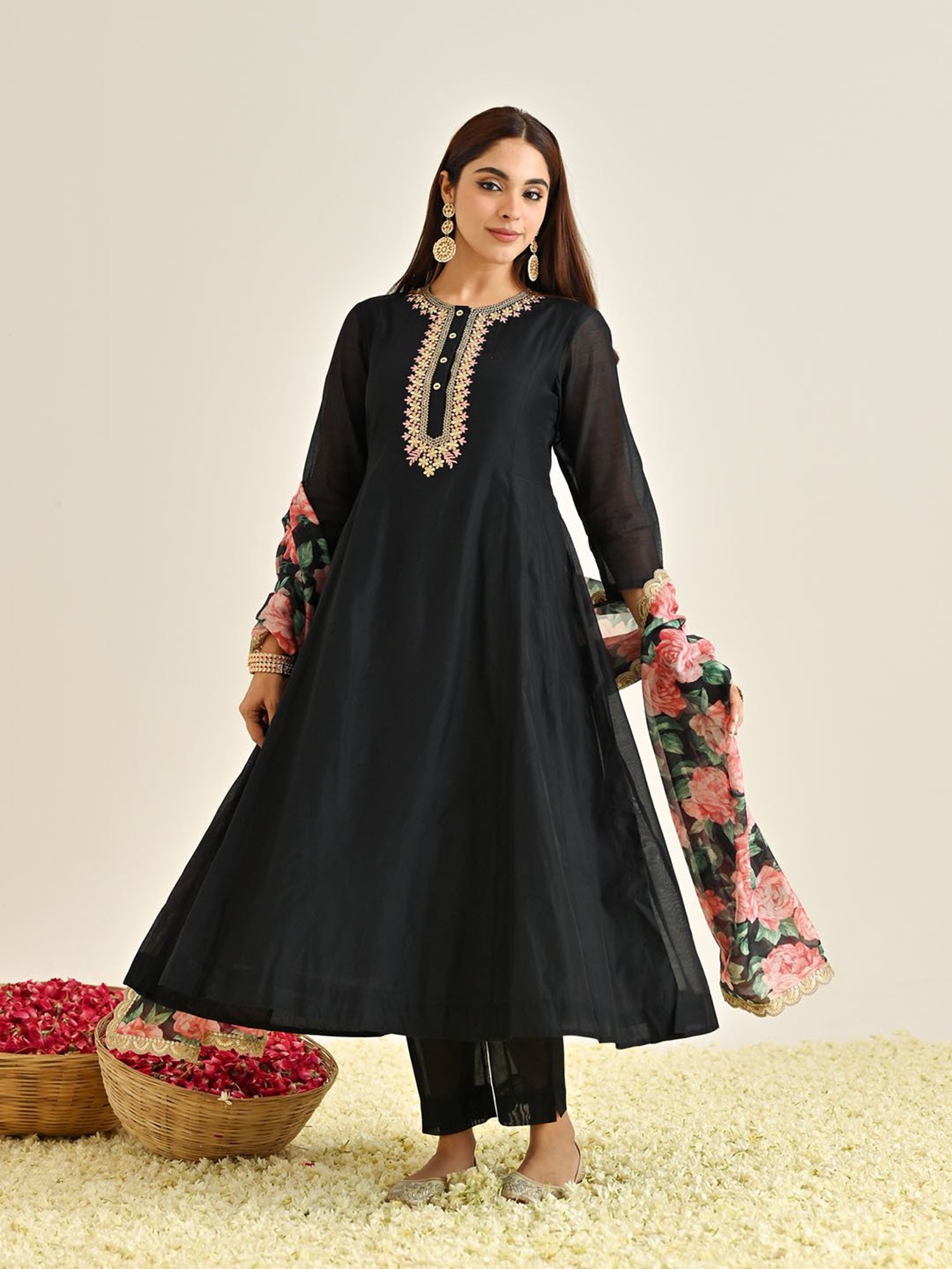 Rustorange Black Embroidered Kurta With Pant & Dupatta