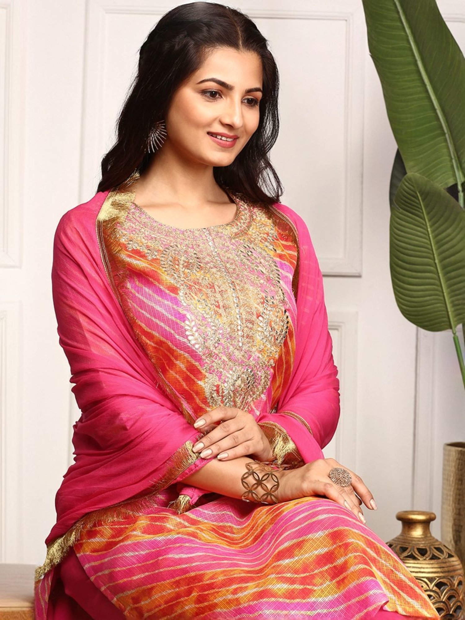 Ishin Pink Embroidered Kurta & Pants Set with Dupatta