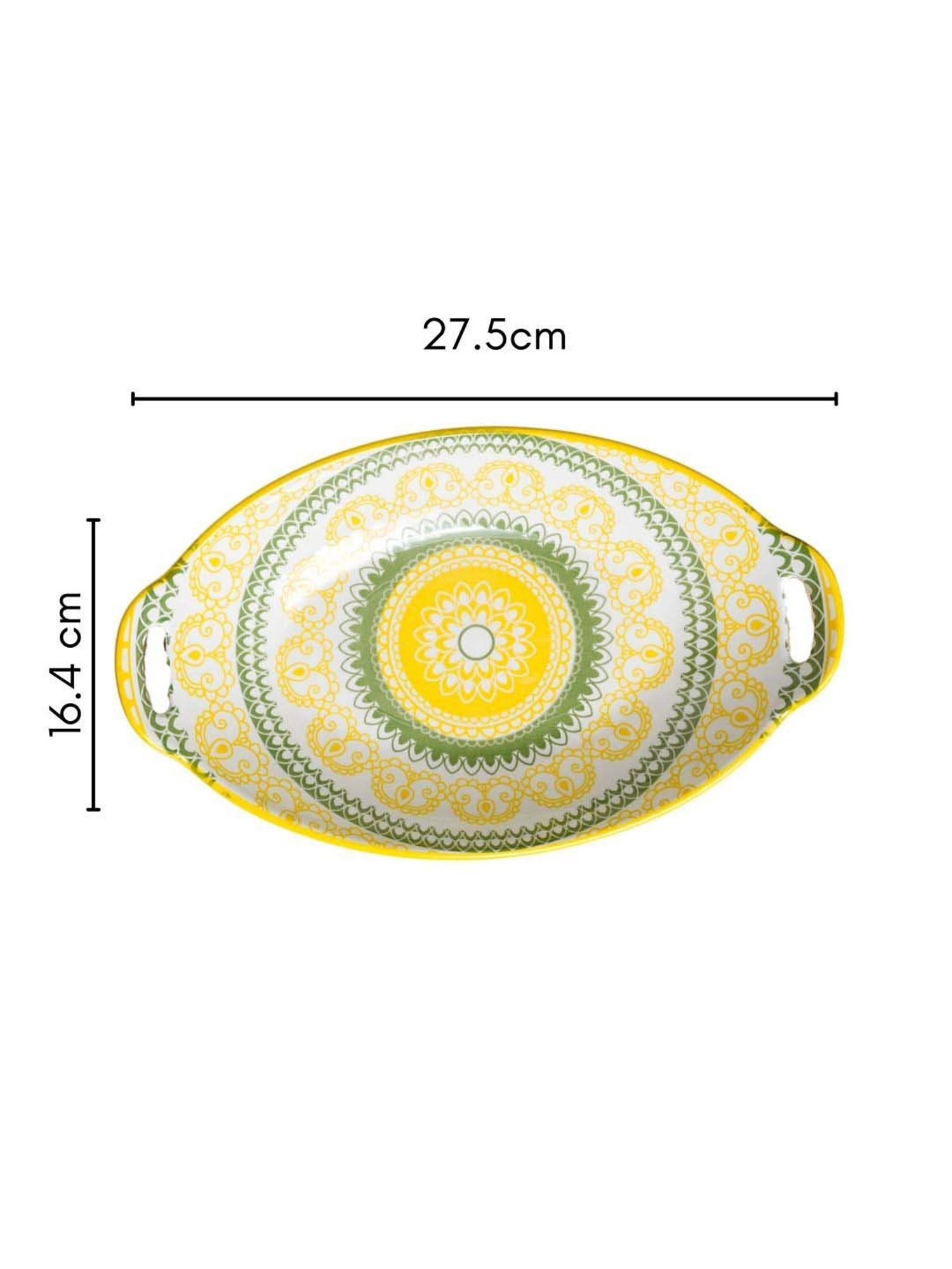 Nestasia Yellow and Green Mandala Ceramic Long Dish With Handles For Serving Snacks (10.8 Inch)