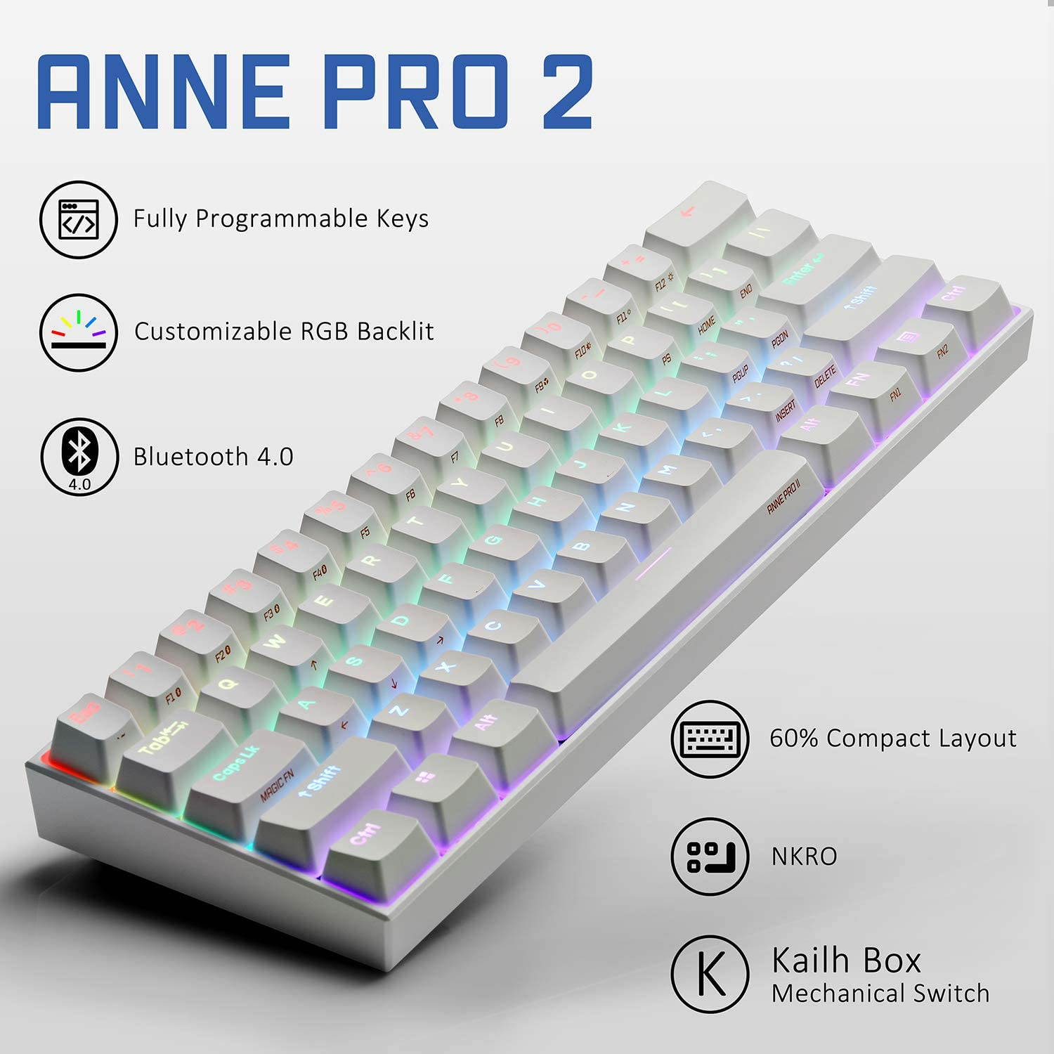 CUUWE ANNE PRO 2, 60% Wired/Wireless Mechanical Keyboard  - Full Keys Programmable - True RGB Backlit - Tap Arrow Keys - Double Shot PBT Keycaps - NKRO - 1900mAh Battery