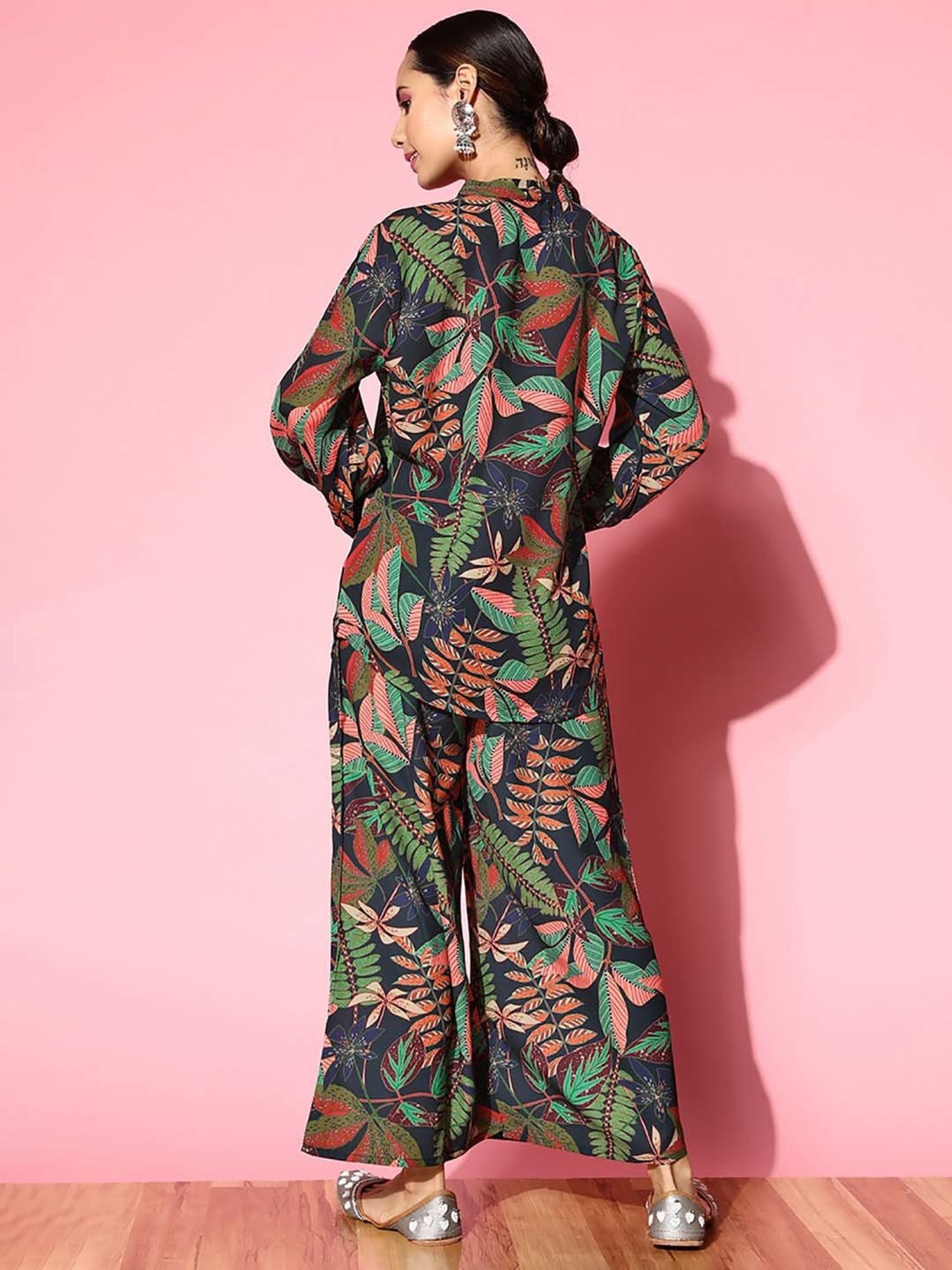 Indo Era Navy & Green Printed Tunic Palazzo Set