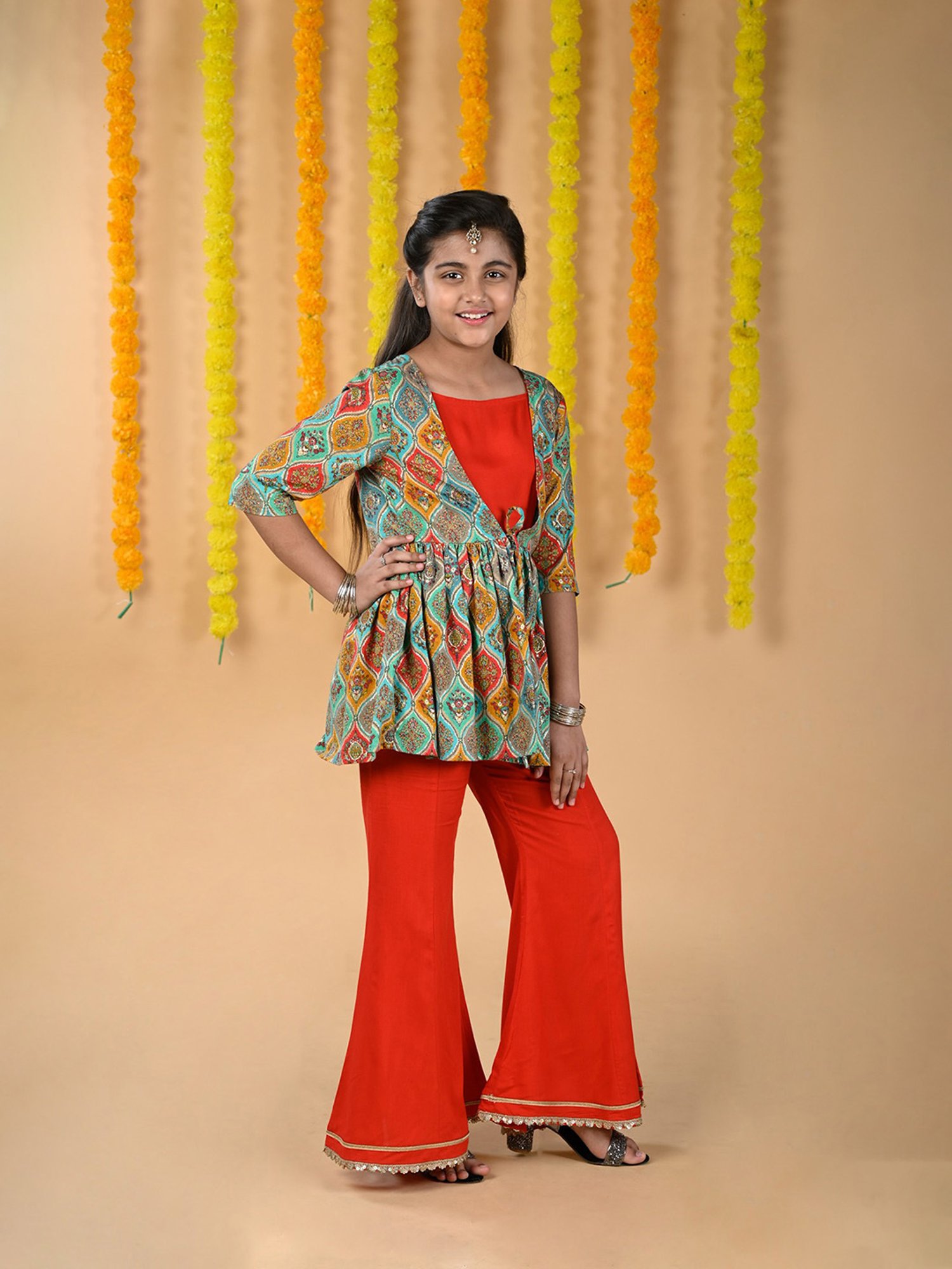 Budding Bees Kids Multicolor Printed Top, Jacket, Pants with Scrunchie