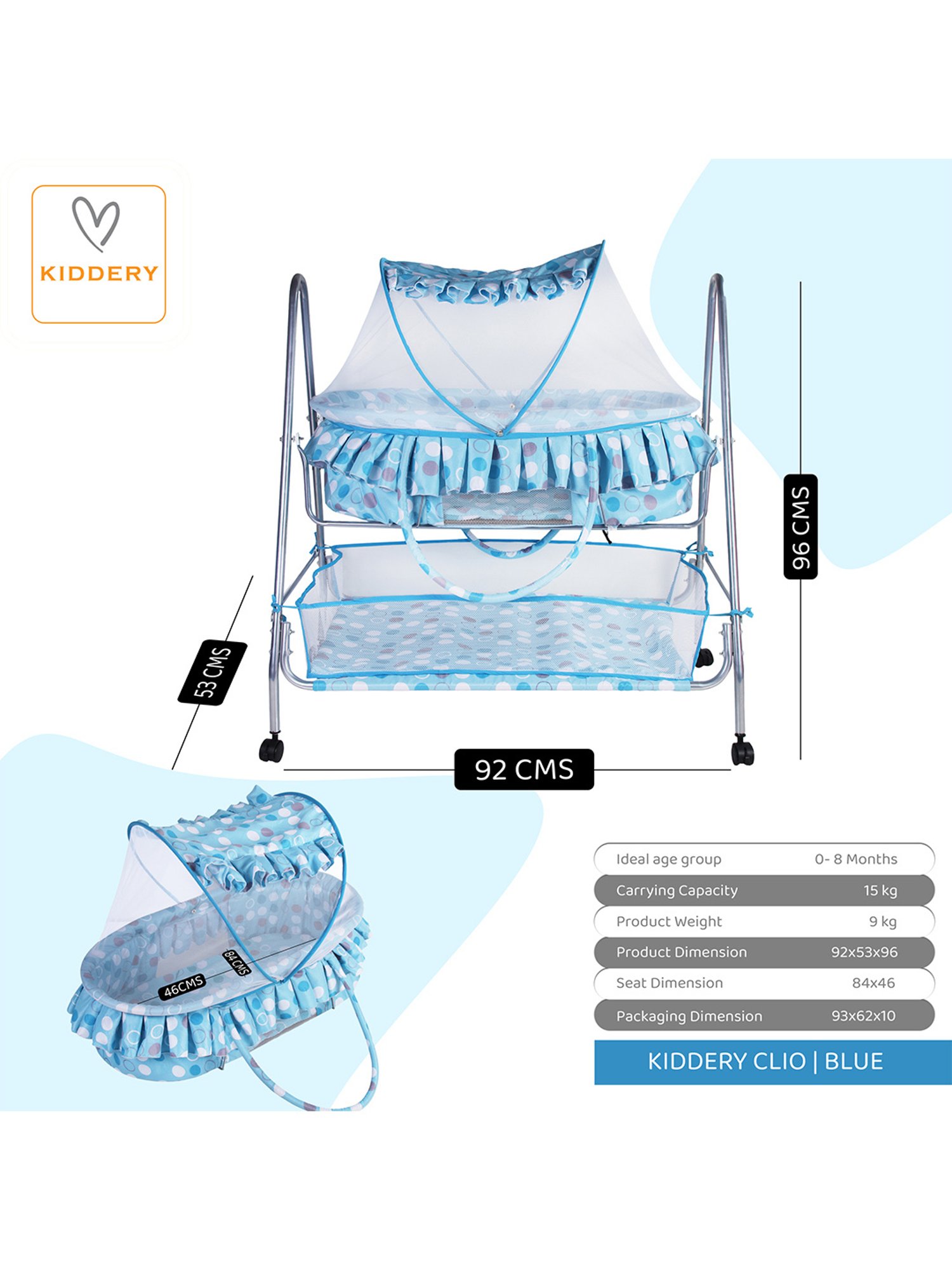 Kiddery Blue Value Baby Bassinet with Mosquito Protection Net (Age 0-8 Months)