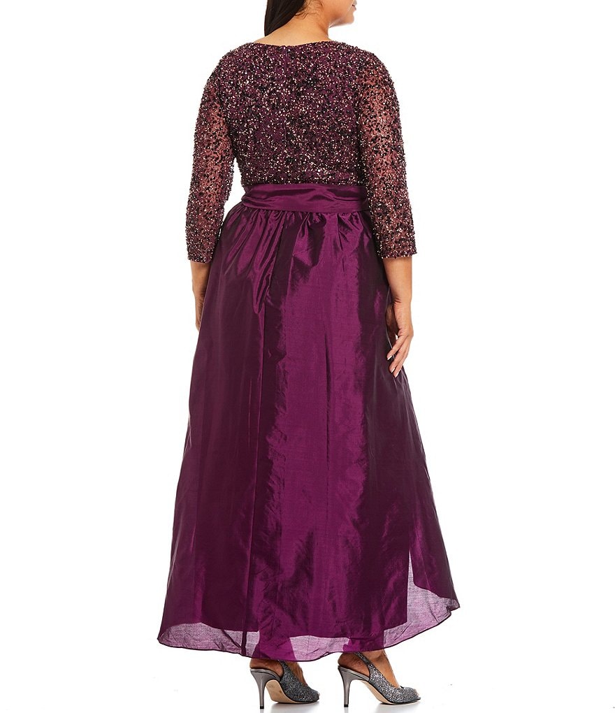 Pisarro Nights Plus Size 3/4 Sleeve Boat Neck Beaded Gown
