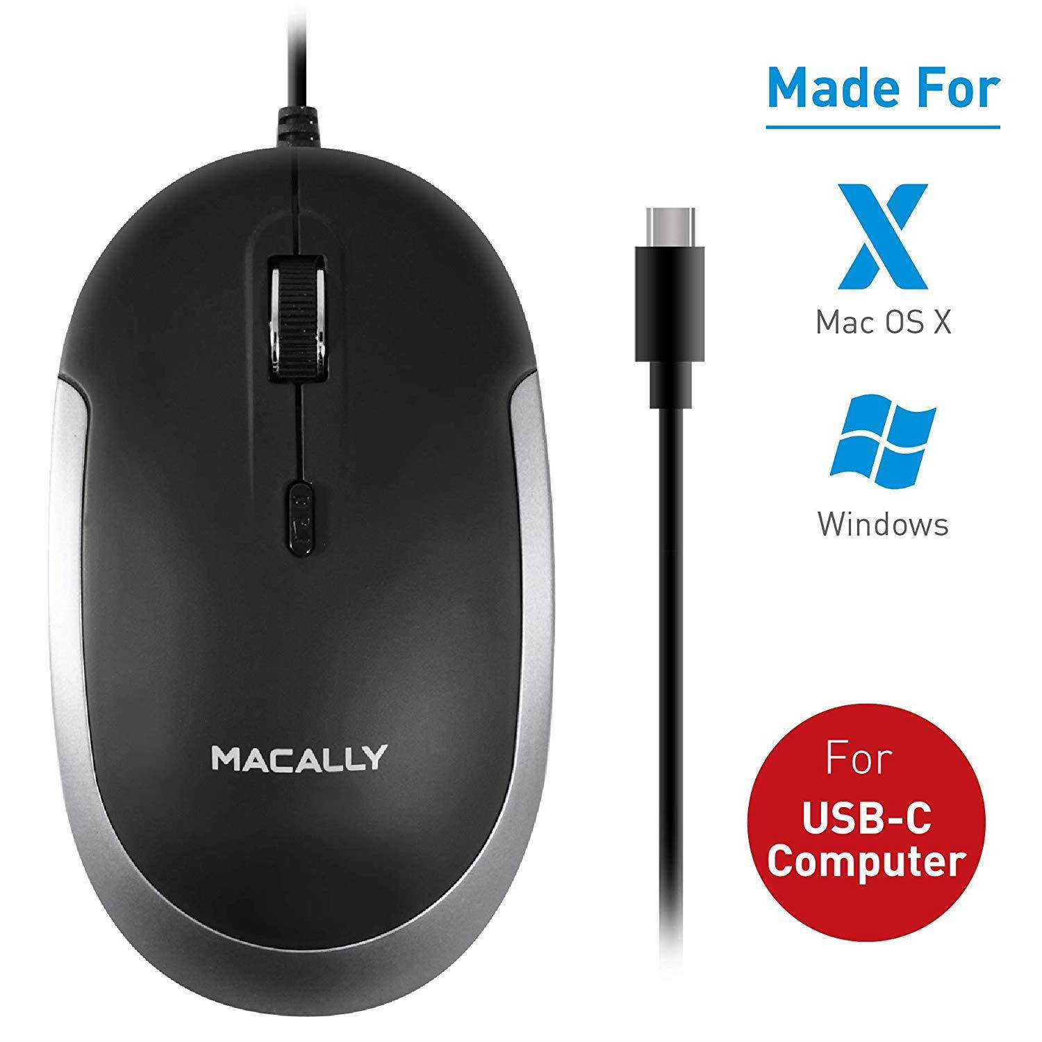 Macally Silent USB Type C Mouse Wired for Apple Mac & Windows PC Laptop/Desktop Computer | Slim & Compact Mice Design & Optical Sensor & DPI Switch 800/1200/1600/2400 | Small for Easy Travel (Black)