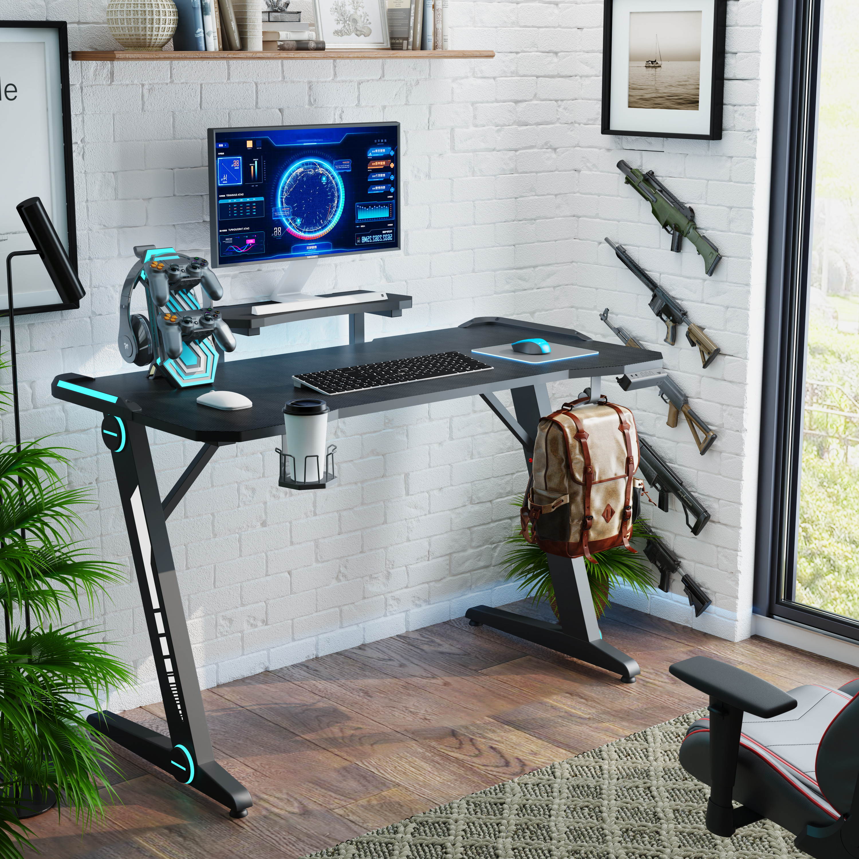 43.3'' Gaming Desk Z-Shaped Professional E-Sport Gamer Workstation Ergonomic PC Gaming Table Home Office Desk with LED Lights & Large Carbon Fiber Surface