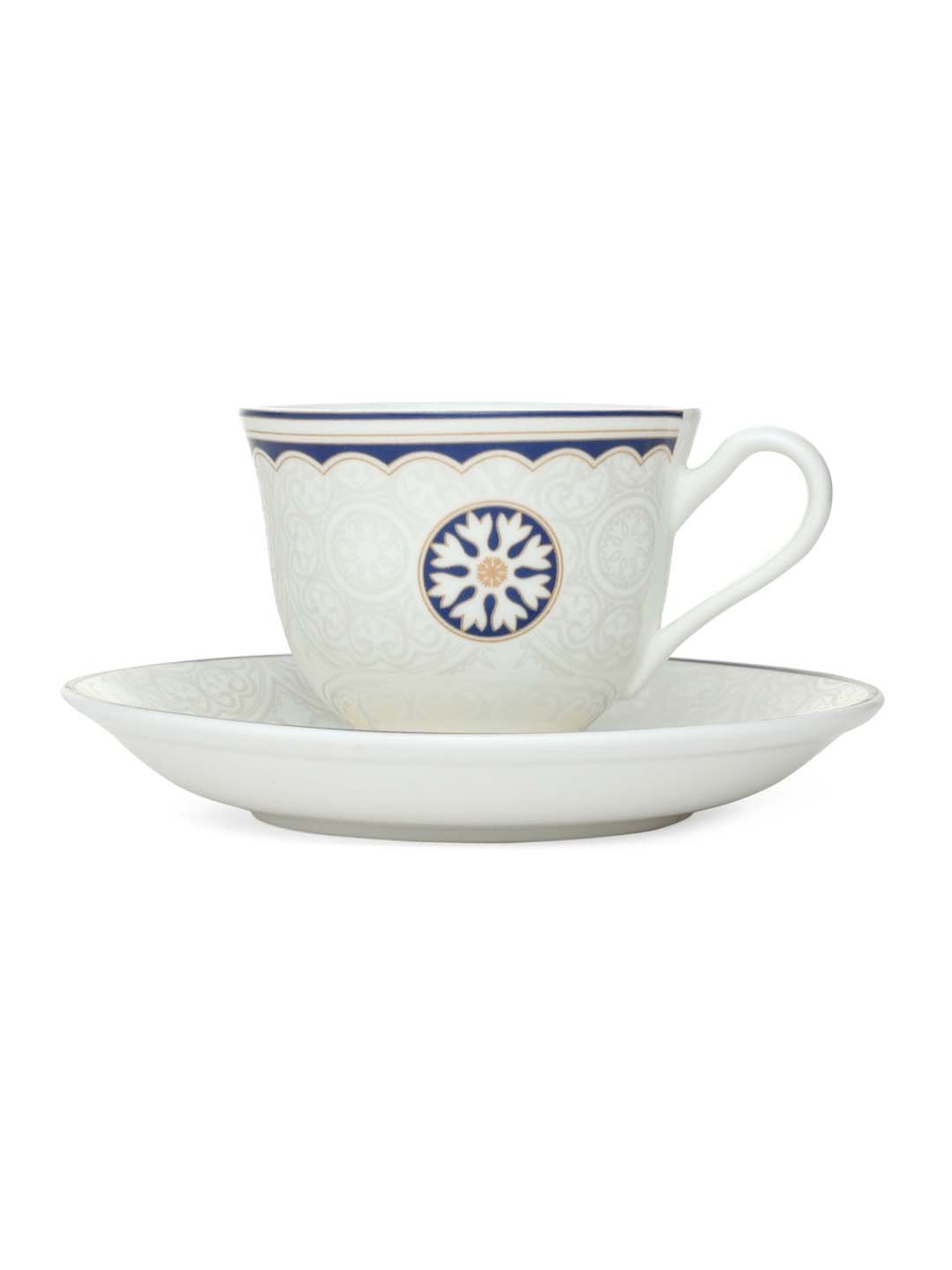 Clay Craft White & Blue Ceramic 210 ML Cup Set (6 Cups & 6 Saucers)