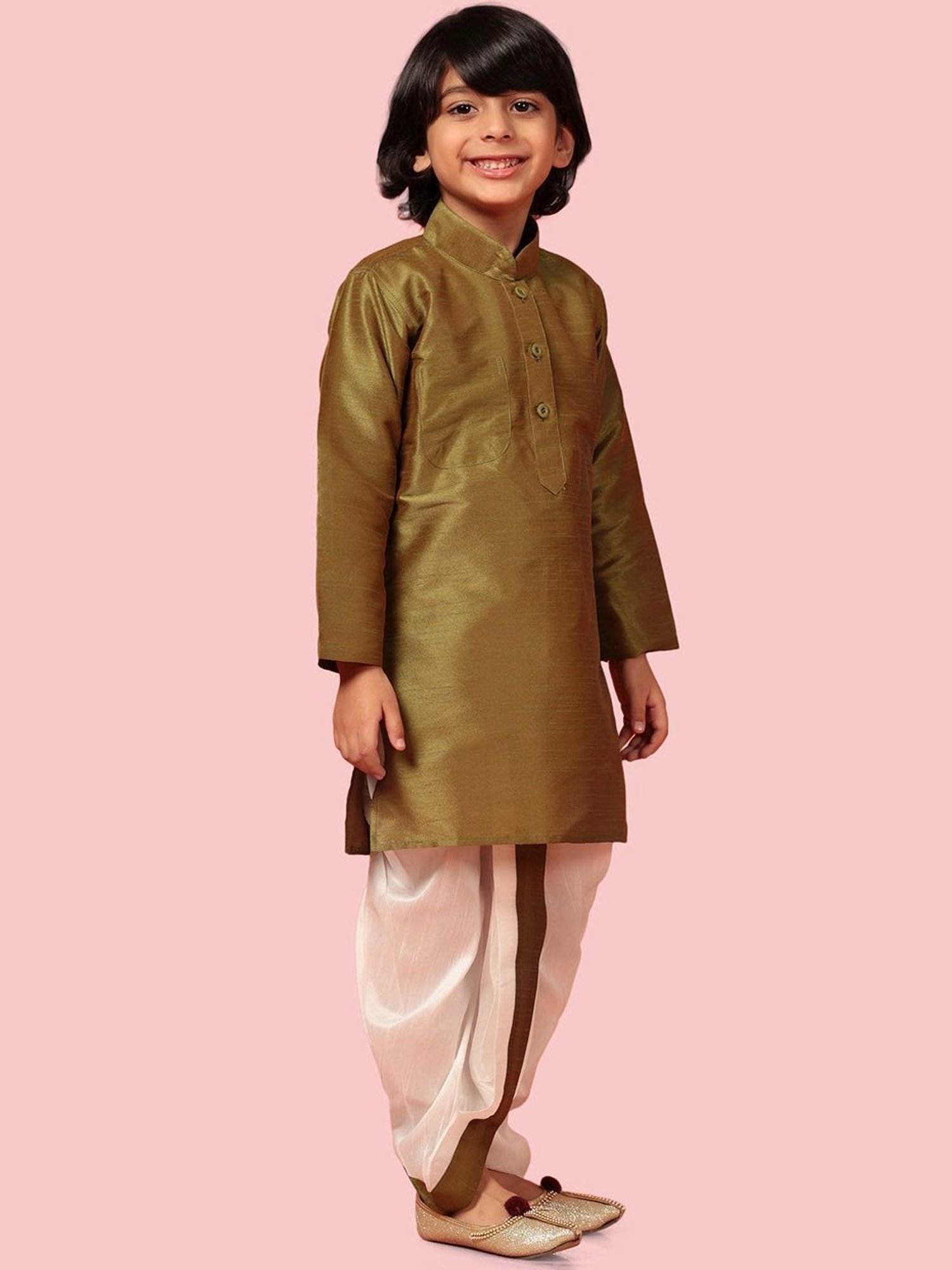 AJ Dezines Kids Olive Green & White Regular Fit Full Sleeves Kurta Set