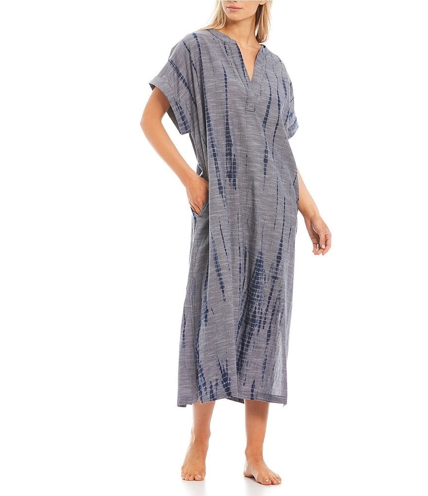 Kate Landry Tie-Dye Woven Short Sleeve Long Caftan