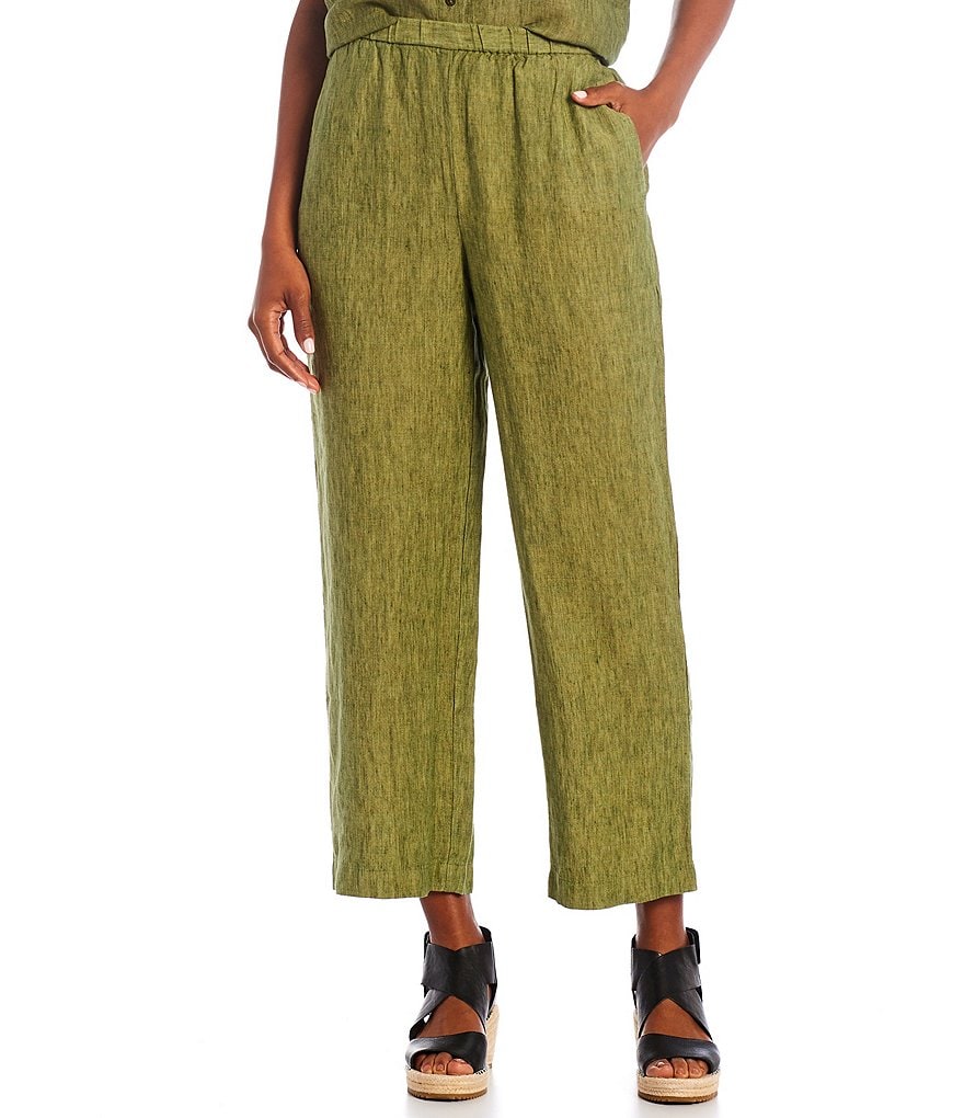Eileen Fisher Petite Size Washed Organic Linen Delave Cross Dye Ankle Straight Leg Pant