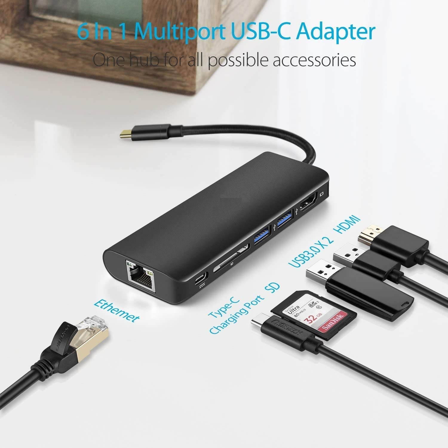 6-in-1 Type-C to 4K HDMI + 1000M LAN + SD + 2 x USB3.0 + 60W PD Adapter, Support 4K 30Hz UHD Video, Gigabit Ethernet, SD Card Reader, USB-C PD 60W Quick Charging and USB 3.0 Type-C Dongle USB C HUB.