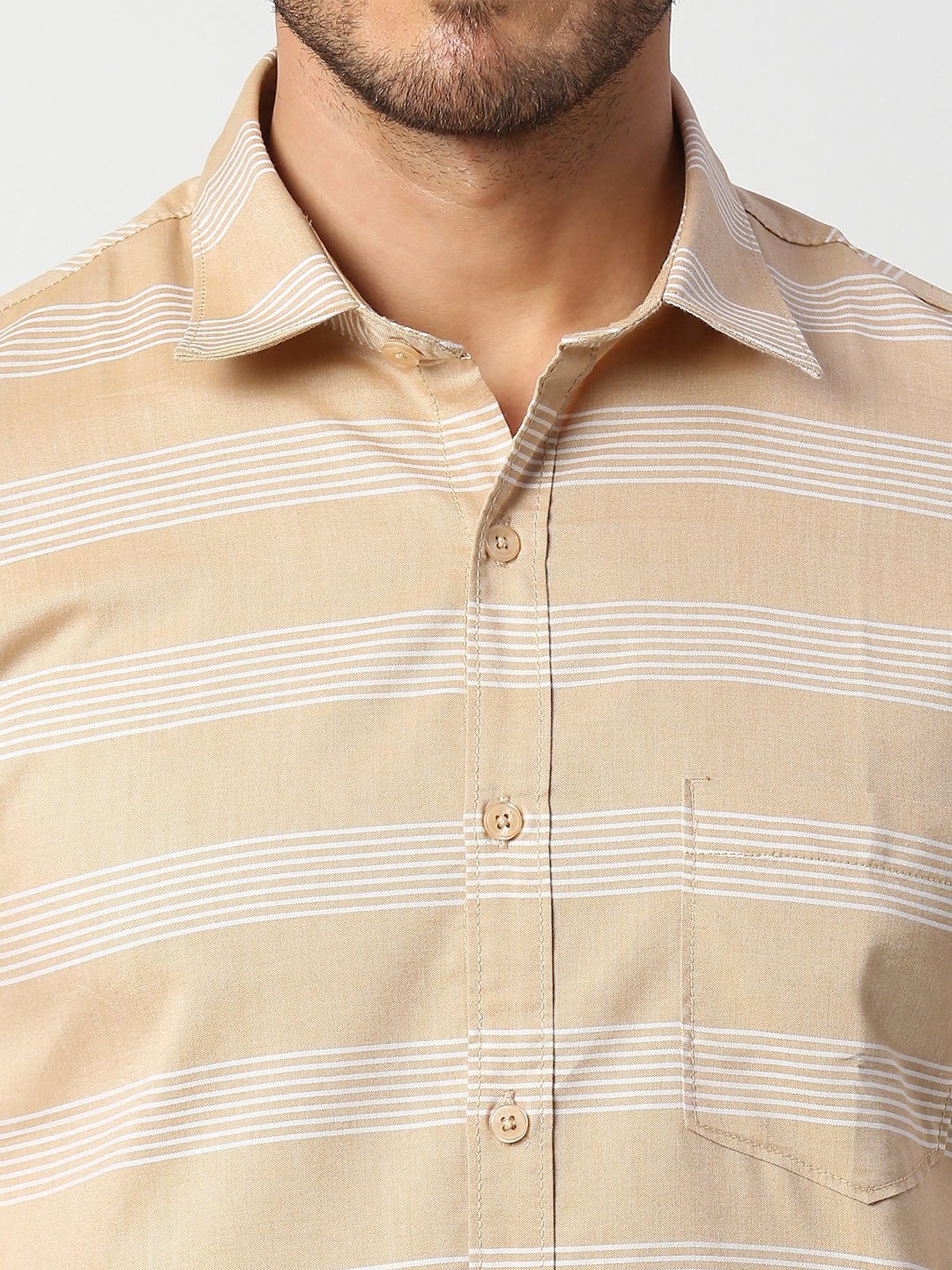 SOLEMIO Beige Slim Fit Striped Shirt