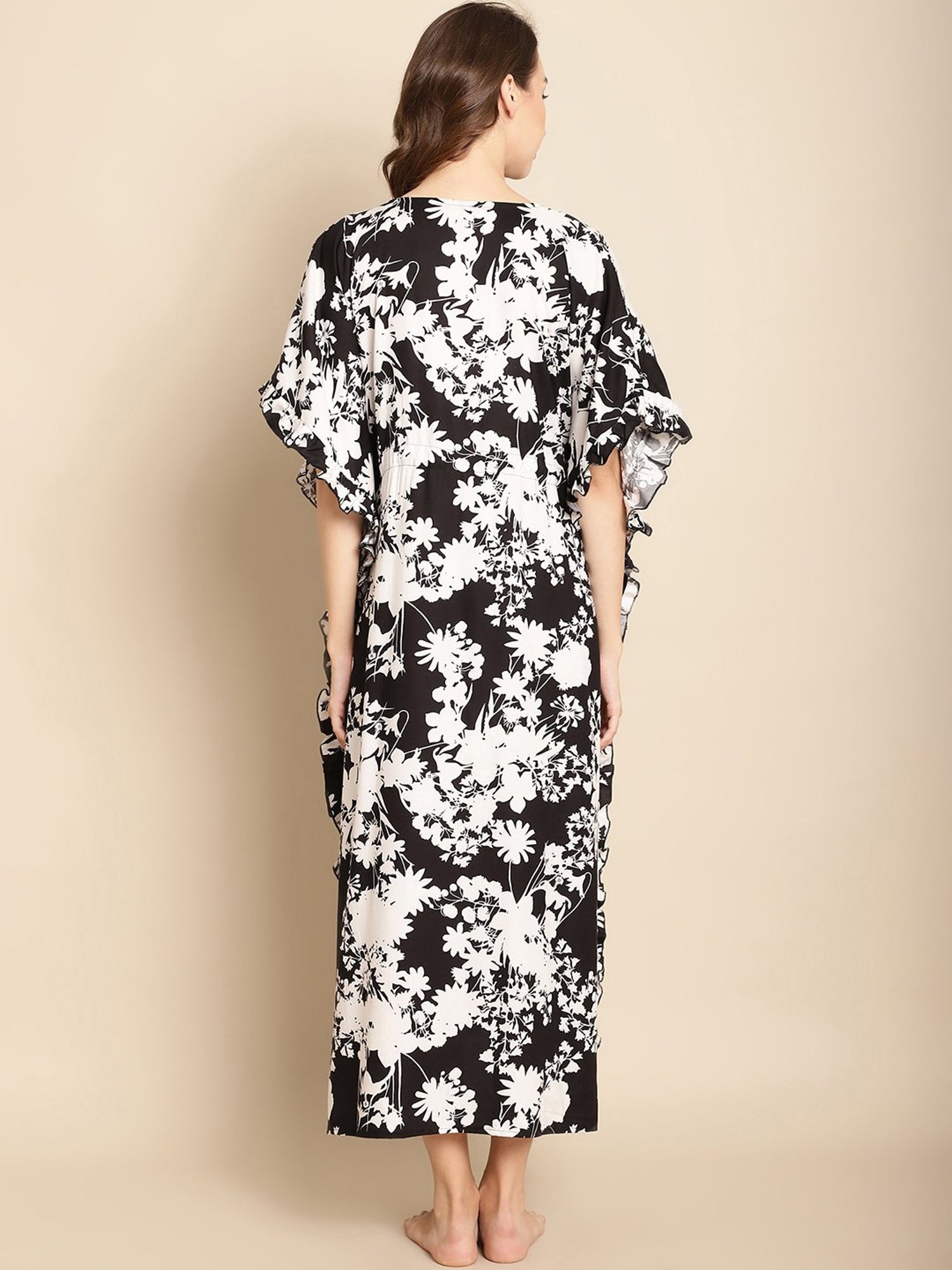 Secret Wish Black & White Floral Print Maternity Kaftan Nighty
