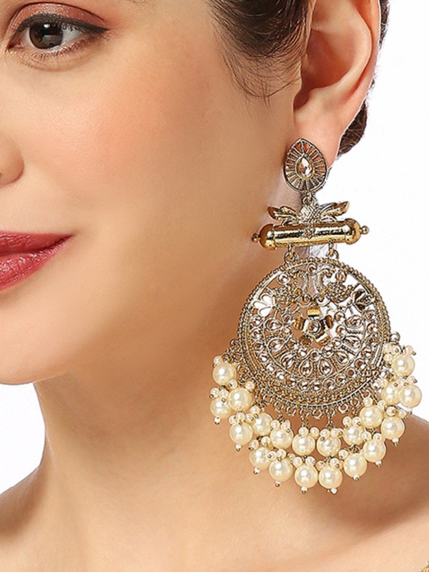 Oomph Gold Tone Kundan & Pearls Peacock Design Ethnic Large Chand Bali Earrings