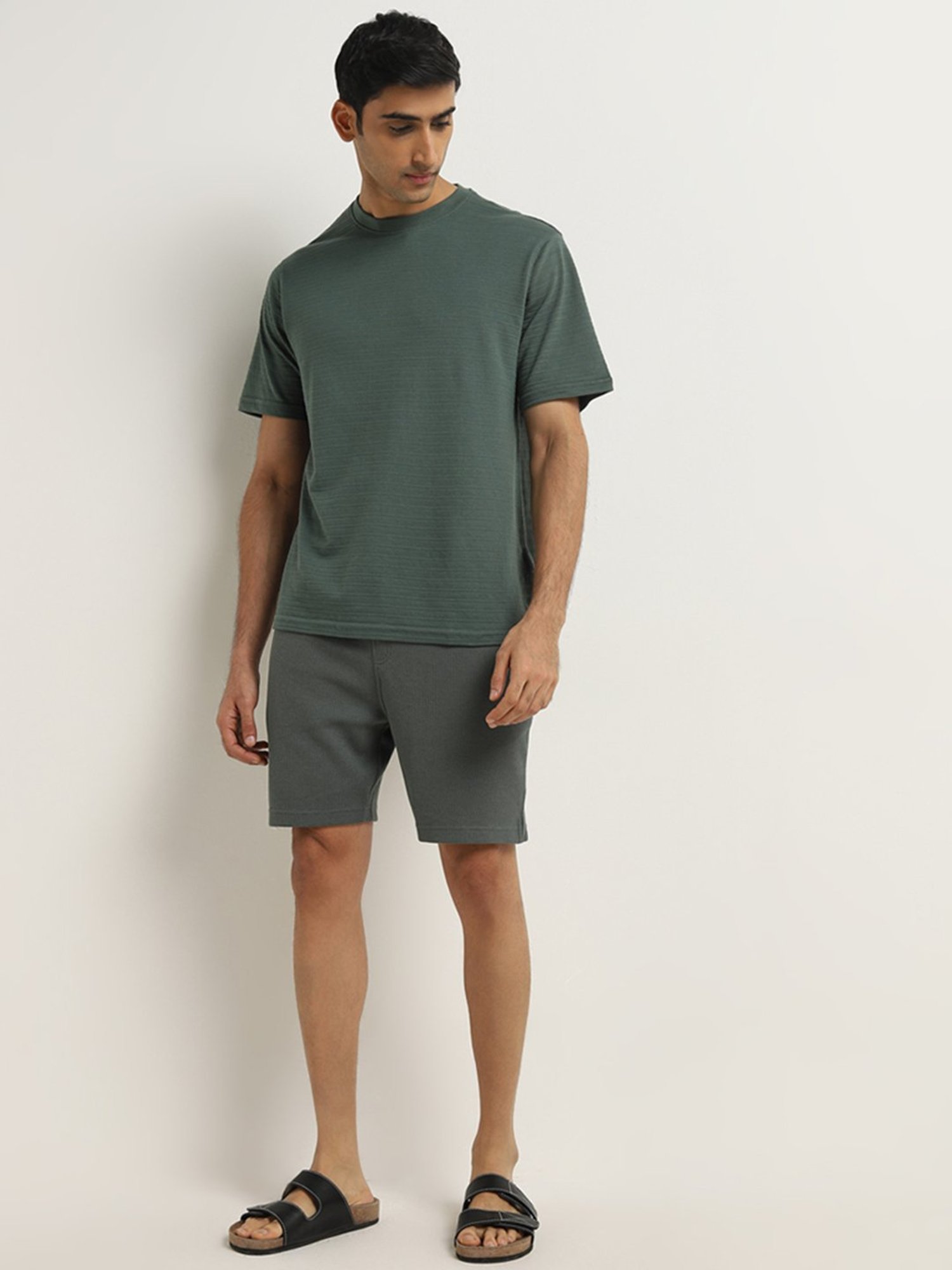WES Lounge by Westside Dark Green Striped Relaxed-Fit T-Shirt