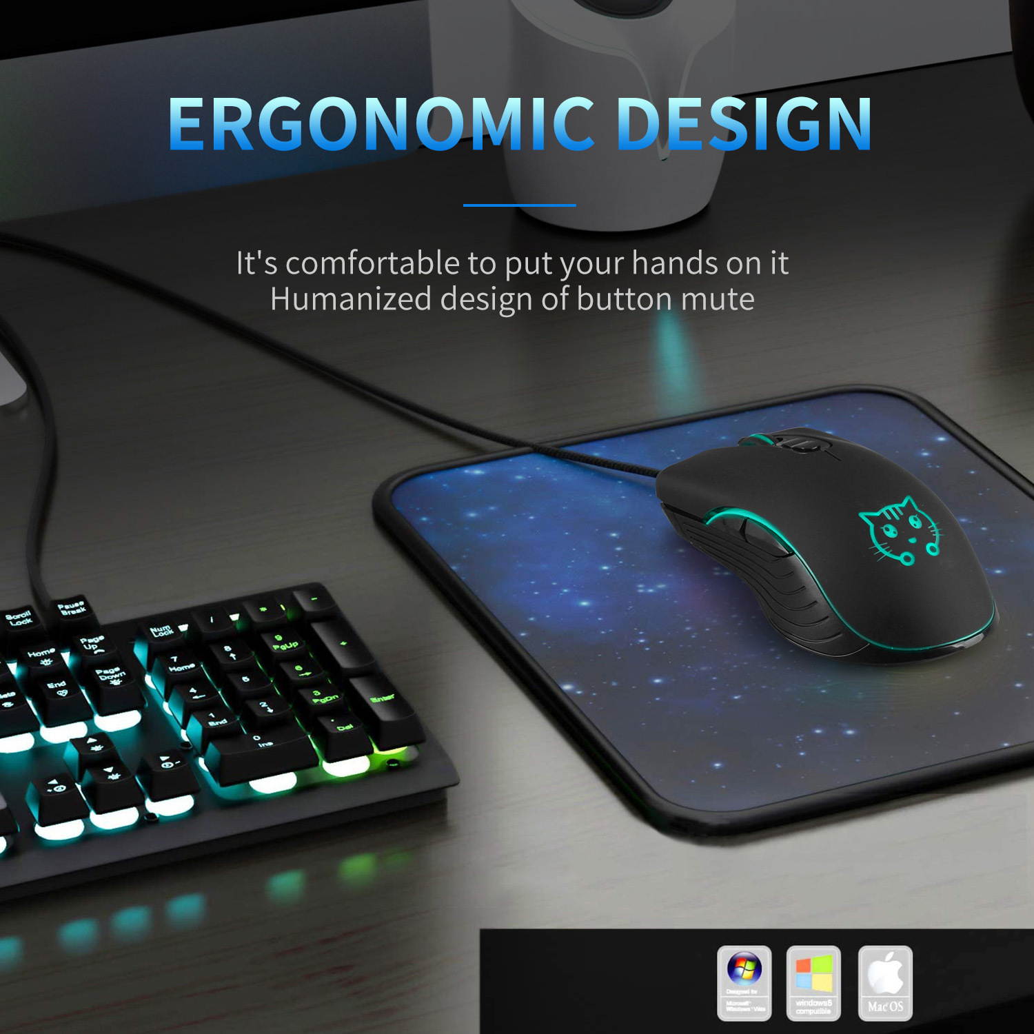 LUNA Cat Party Gaming Mouse USB Wired Lovely Mouse for Windows Macos Android 2400DPI