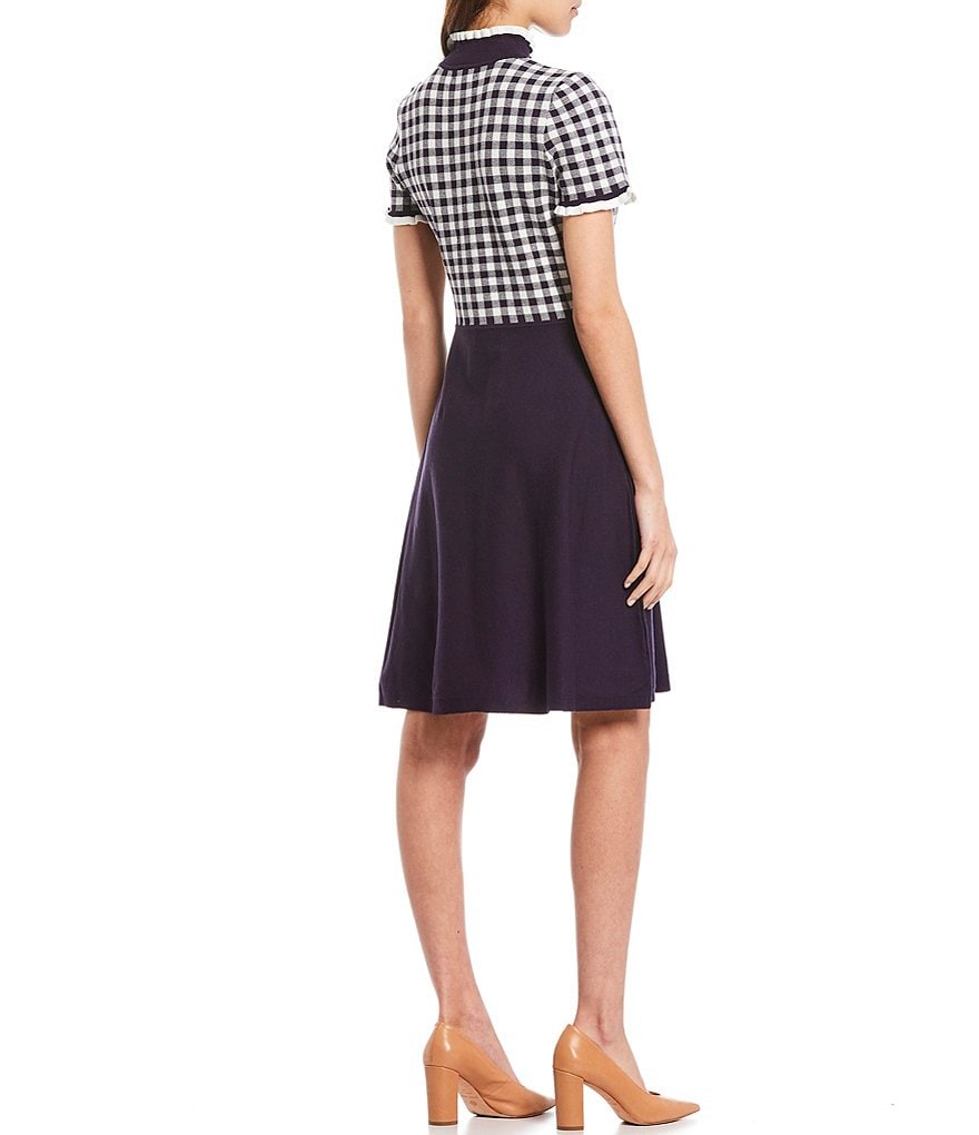 Eliza J Mock Neck Short Sleeve Gingham Print Ruffle Trim Detail Bodice Dress