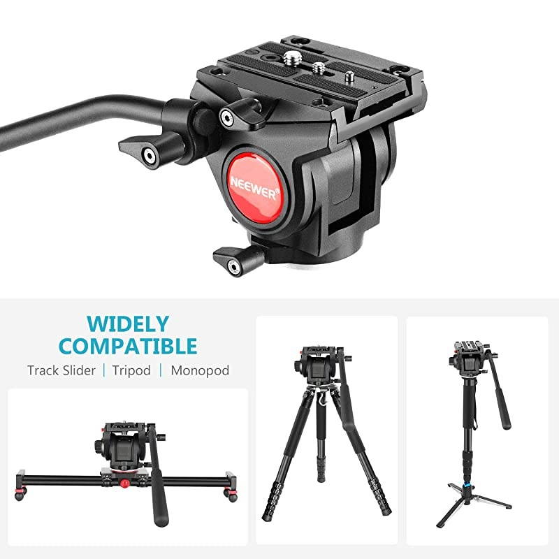 Metal Heavy Duty Video Camera Tripod Fluid Drag Pan Head with 1/4 and 3/8 inches Screws Sliding Plate for DSLR Cameras Video Camcorders Shooting Filming, up to 11 pounds/5 kilograms