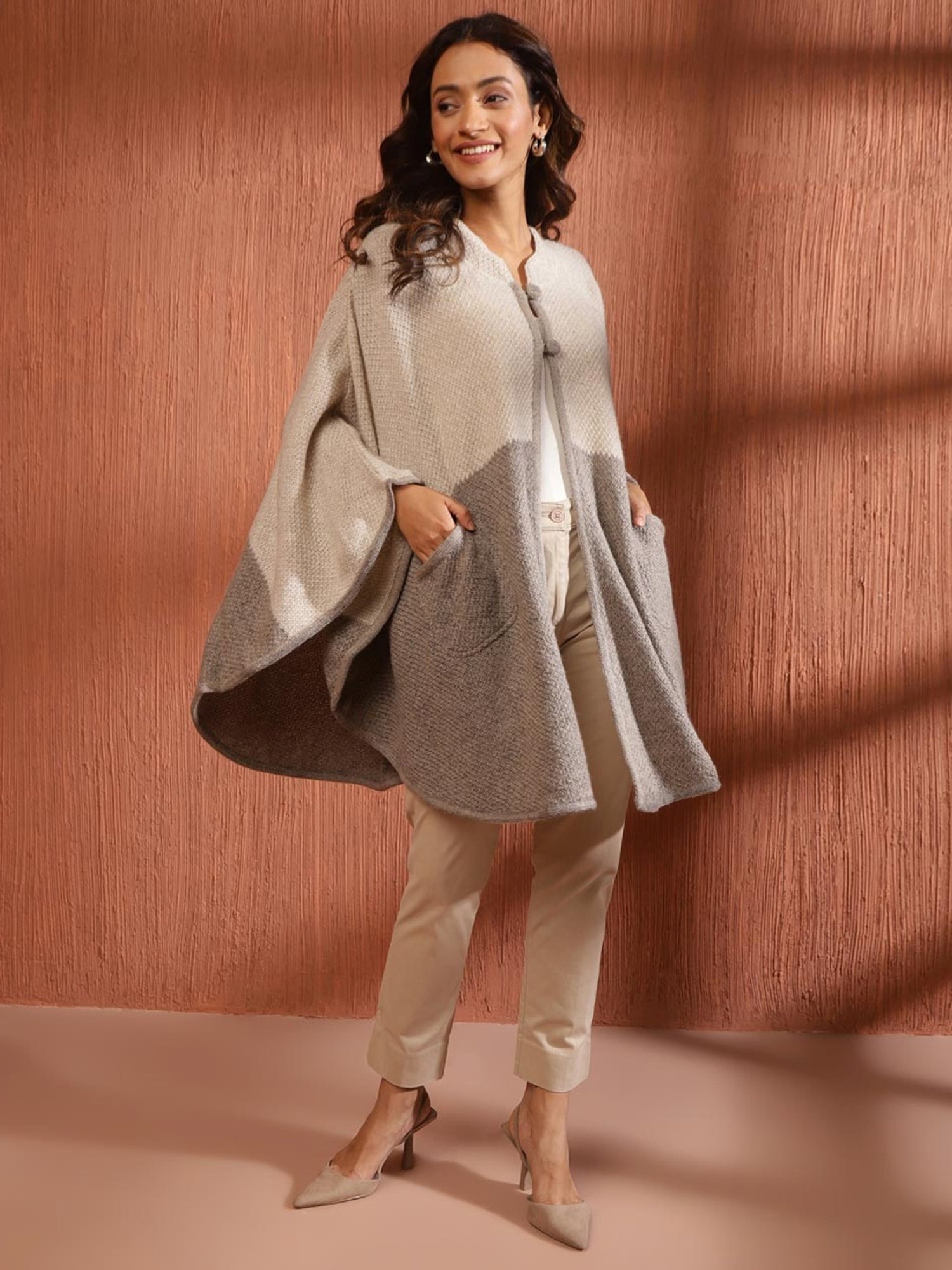 Fabindia Beige & Grey Self Pattern Shrug