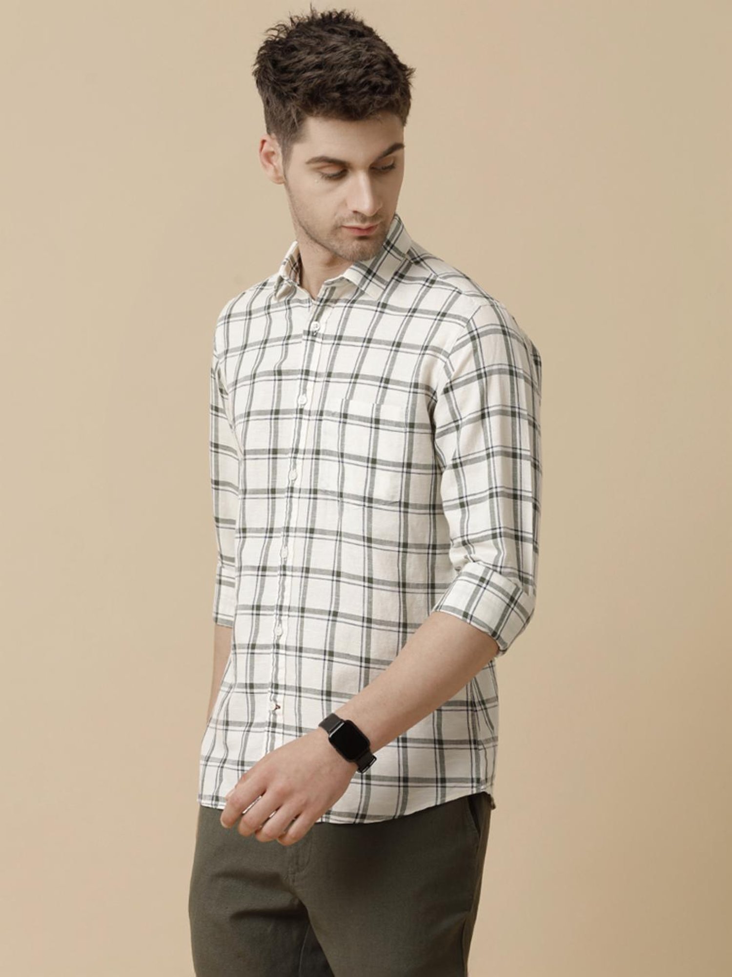 Linen Club Black Linen Contemporary Fit Checks Shirt