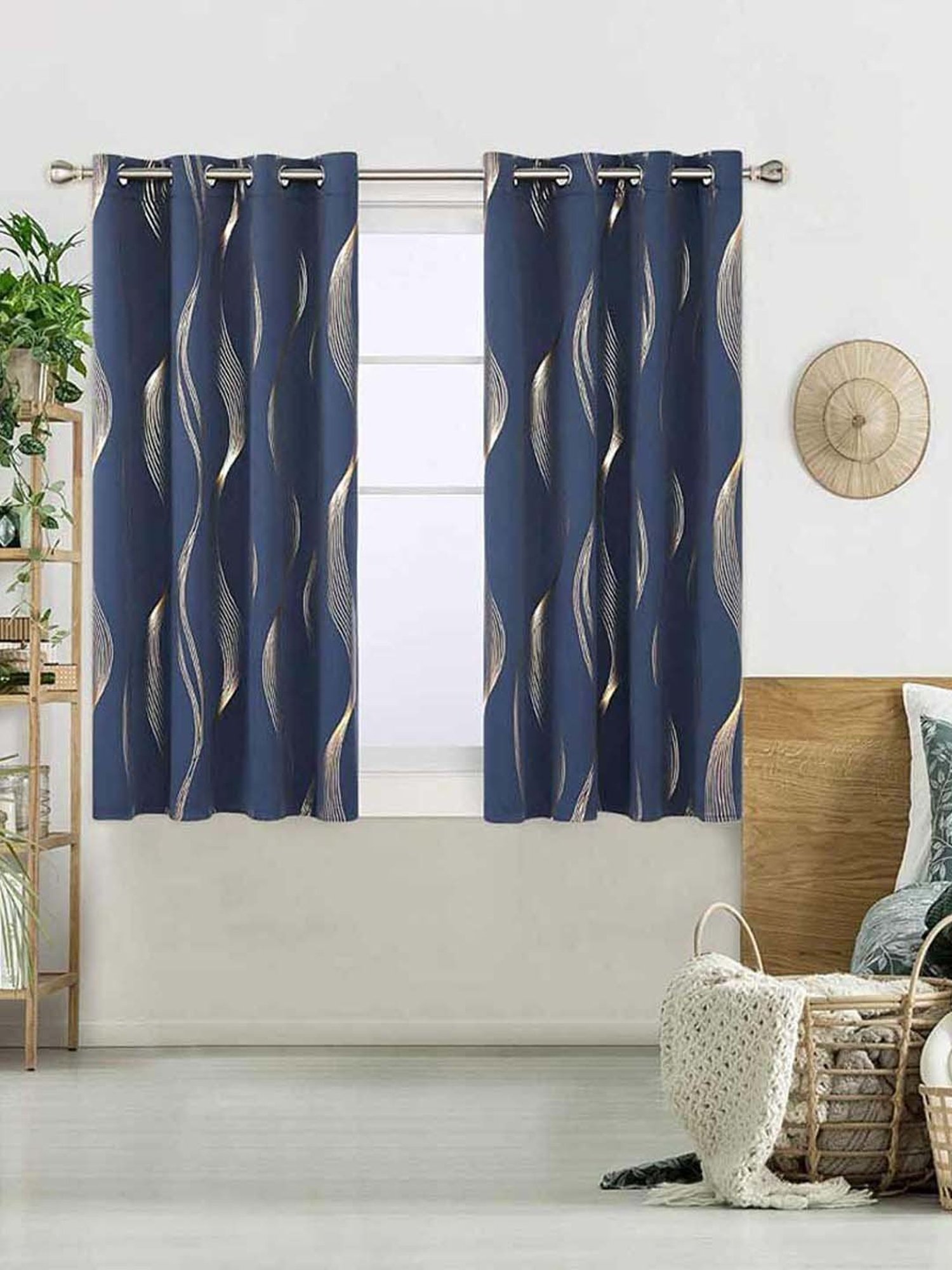 Swayam Cream & Blue Printed Faux Silk Door Curtains - Set of 2
