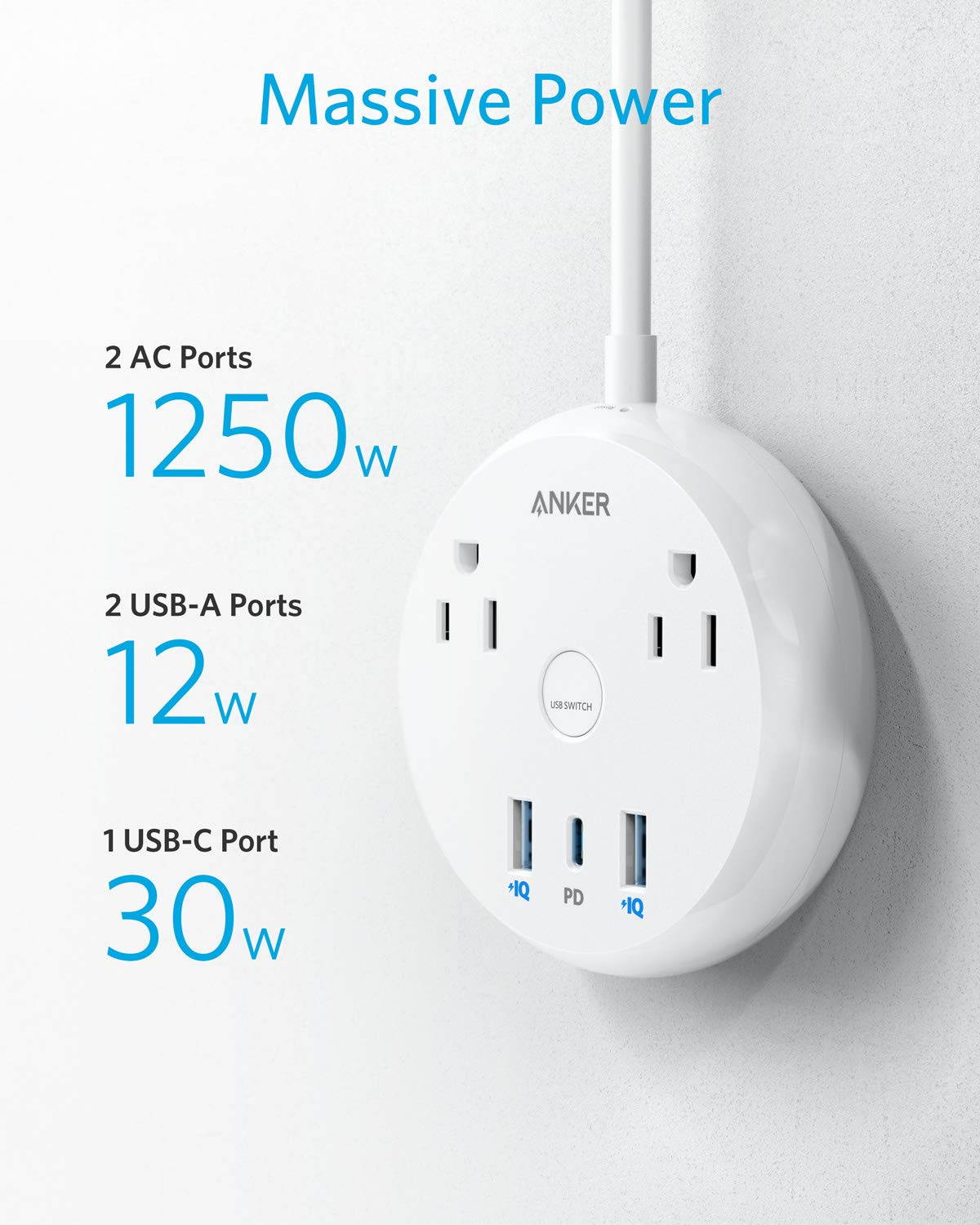 USB C Power Strip with Power Delivery, Anker PowerStrip Pad, 2 Outlets and 42W 3 USB (2 USB-A, 1 USB-C) with 5-Foot Extension Cord, Compact Travel Size, for MacBook Pro, iPad Pro, iPhone and Galaxy