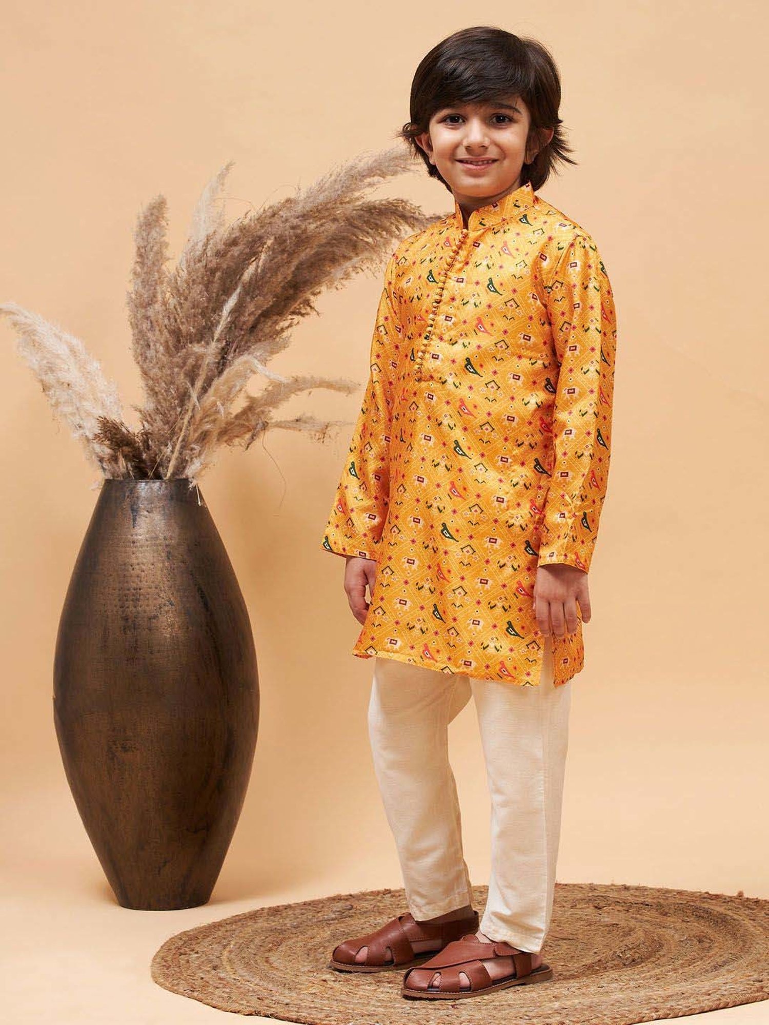 VASTRAMAY Boys Yellow Printed Full Sleeves Kurta Sets