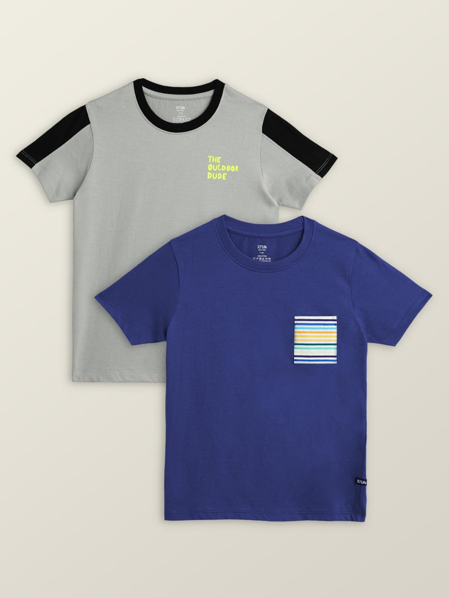 XY Life Kids Blue & Grey Cotton Relaxed Fit T-Shirts (Pack of 2)