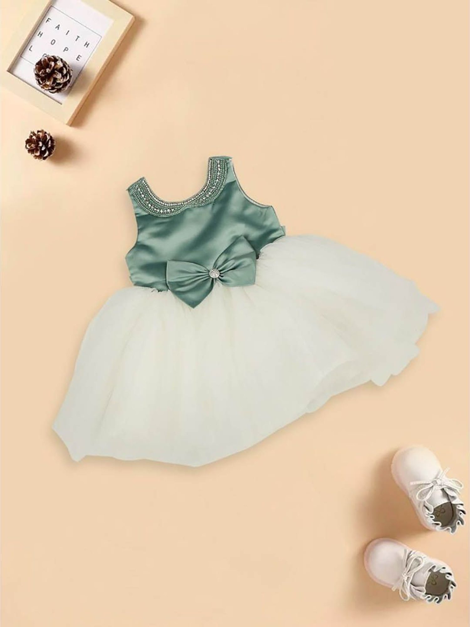 Mee Mee Kids Green & White Solid Frock