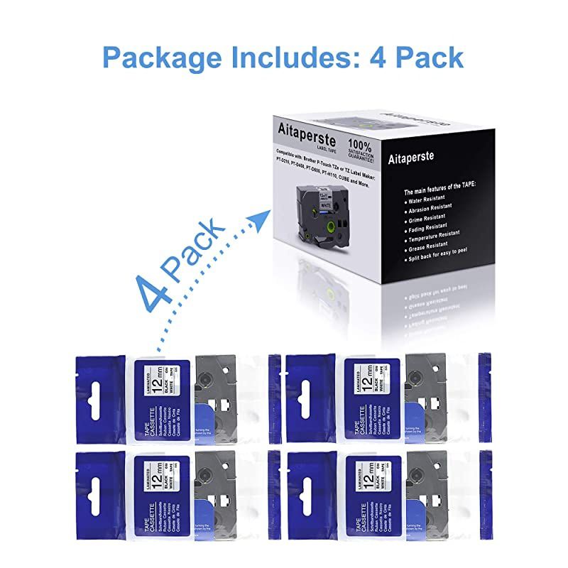 Compatible Label Tape Replacement for Brother TZe231 12mm 047 Laminated White Compatible with Ptouch PTH110 D210 PT1290 PTD600 PTP700 PTD450 Label Maker 262 feet 4 Pack