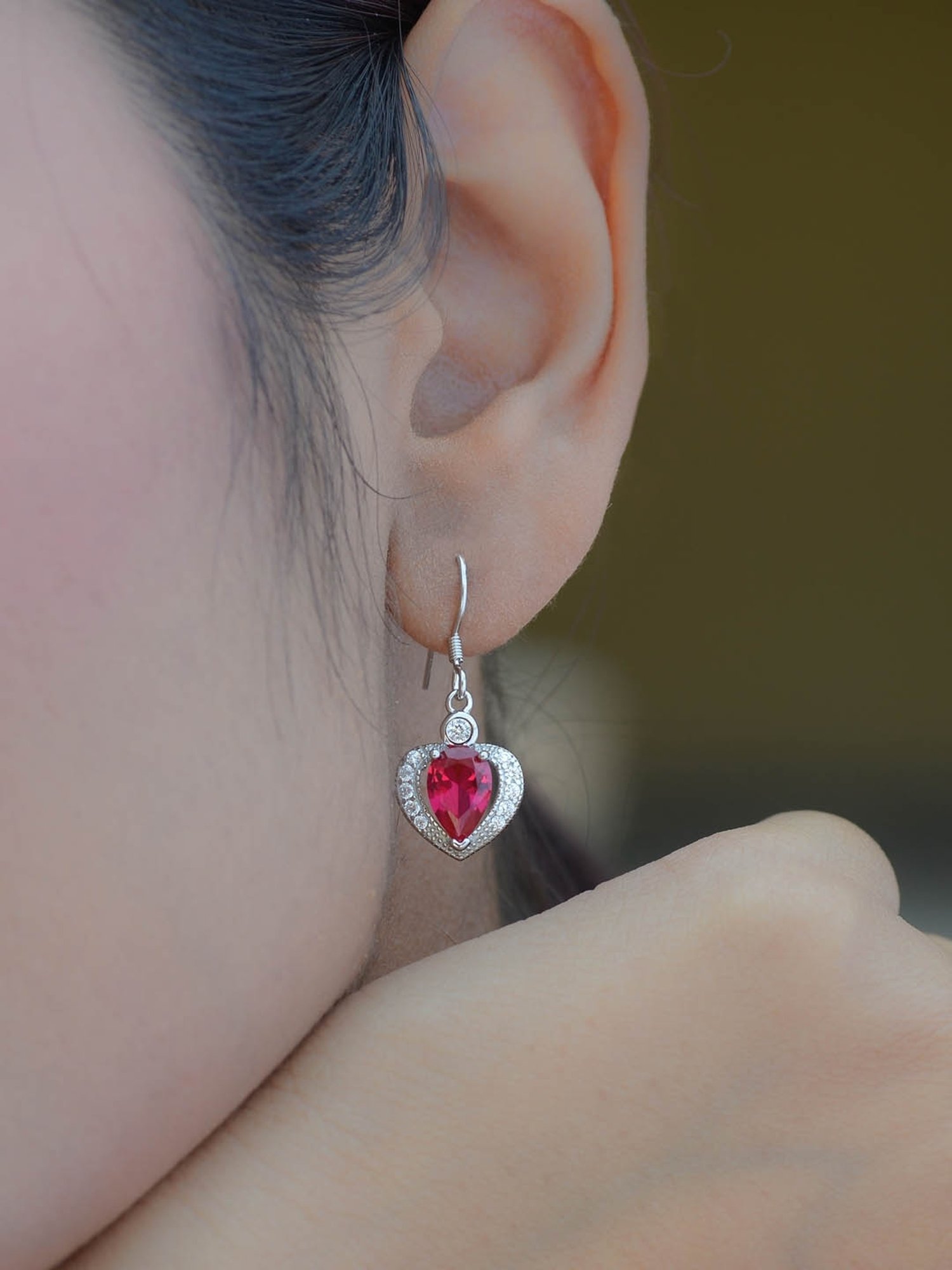 925 Silver Red Ruby and American Diamond Heart d Dangler Earrings for Women & Girls